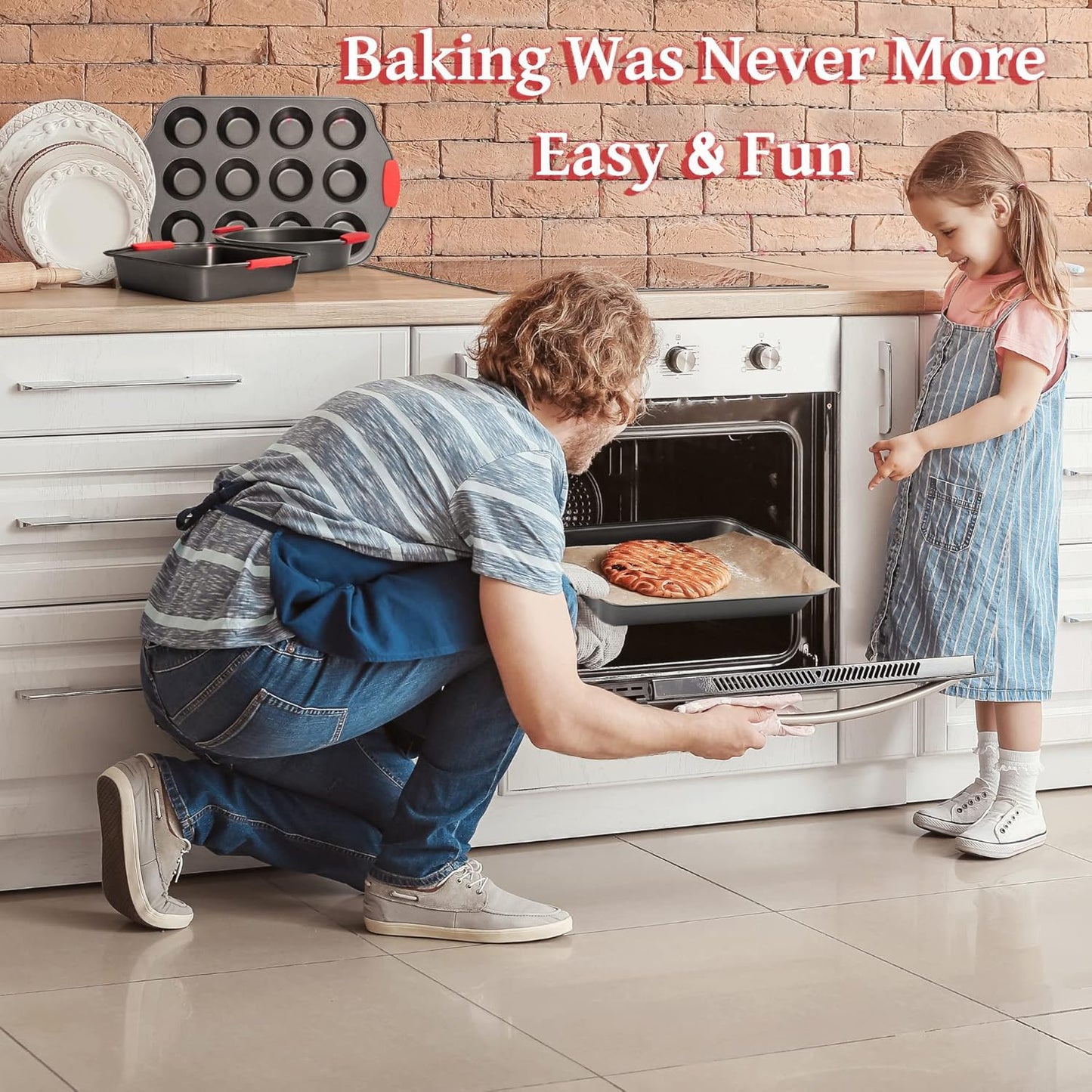 Moss & Stone 9 Piece Baking Pans Set Non Stick, Oven Safe Baking Sheet Set Carbon Steel Non-Stick PTFE Coating, Bakeware Set With Heat Red Silicone Handles, Black Baking Trays For Oven