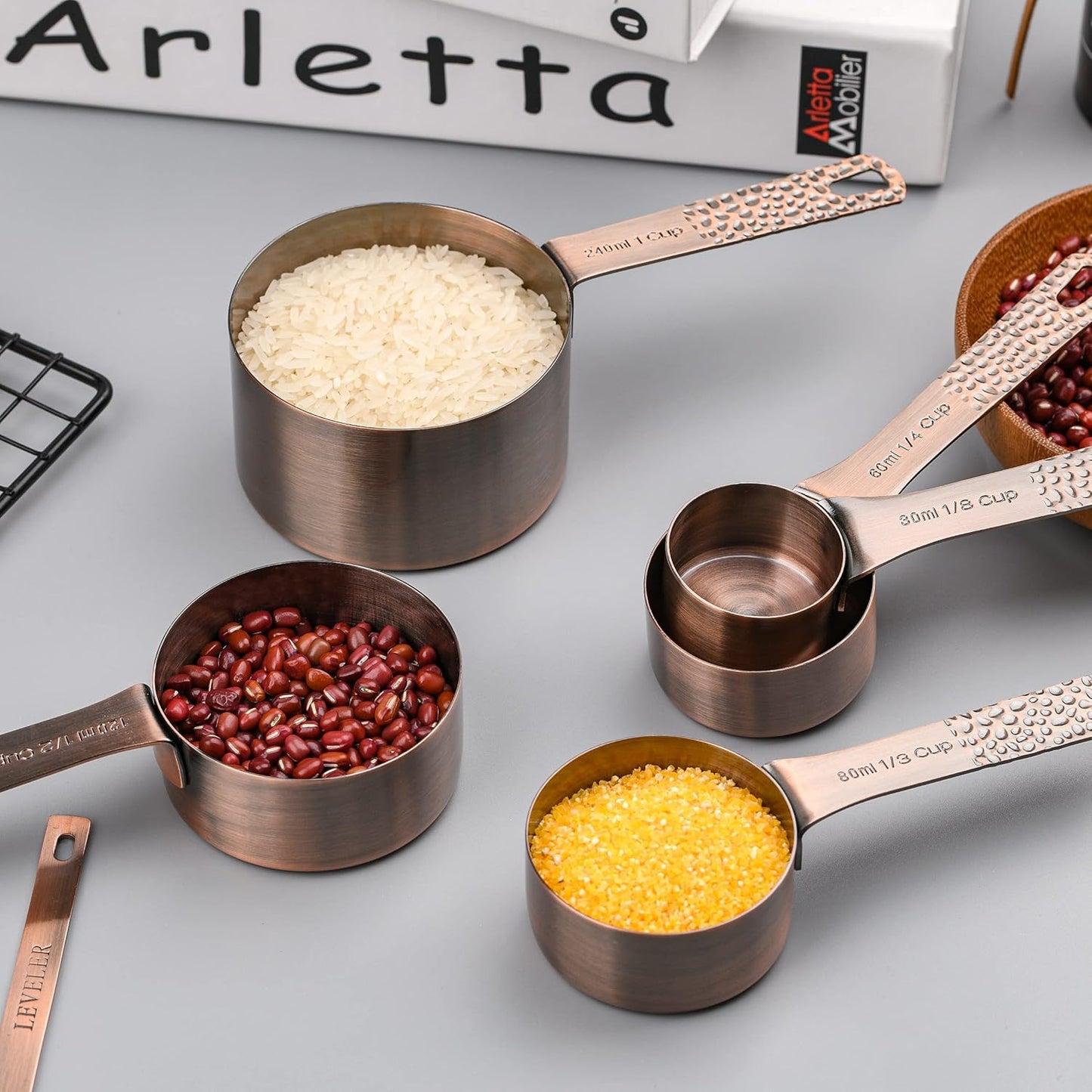 Copper Measuring Cups and Spoons - 6 Plated Cups, 7 Metal Spoons, 1 Leveler - Dry Measure Set