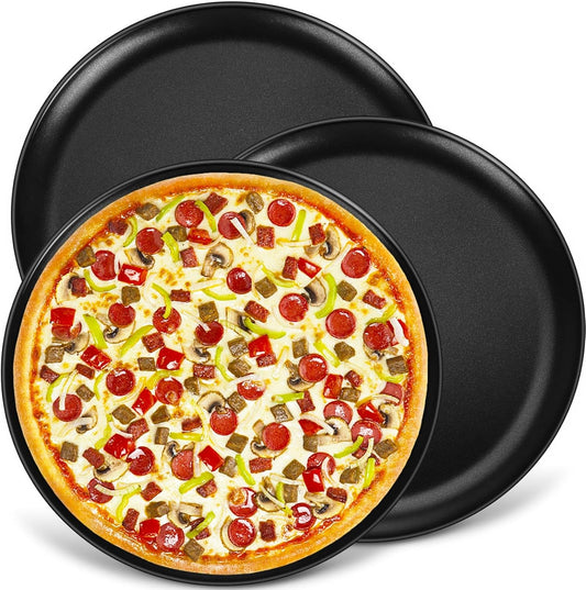 P&P CHEF 13.5 Inch Pizza Pan, 3 Pieces Stainless Steel Round Pizza Tray Dish Plate For Oven Baking Roasting, Healthy & Heavy Duty, Rust Free & Dishwasher Safe -Black