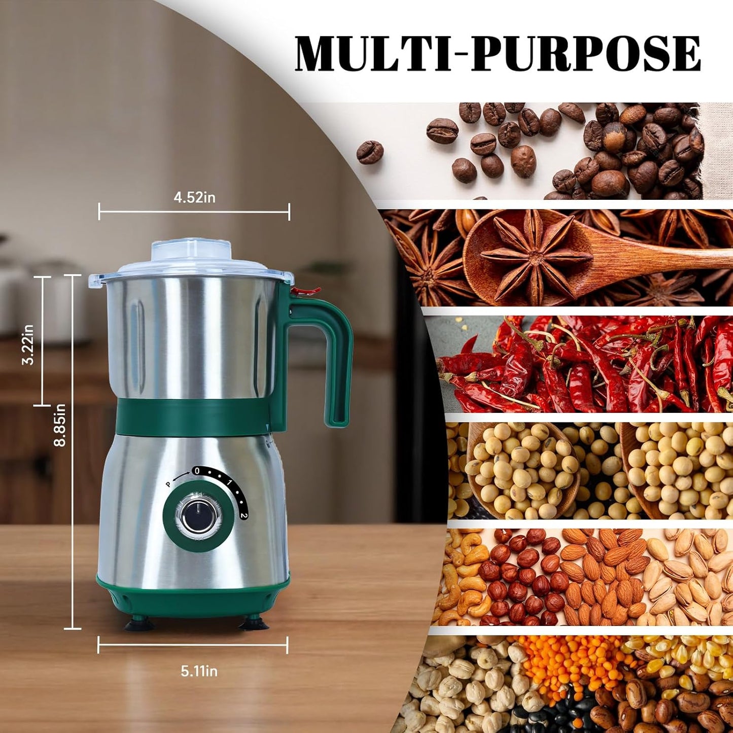 Versatile Kitchen Grinder | 500W Electric Mill | Grinds Spices, Nuts, Grains, Coffee | 3 Stainless Steel Blades | Wet & Dry Use (Green)