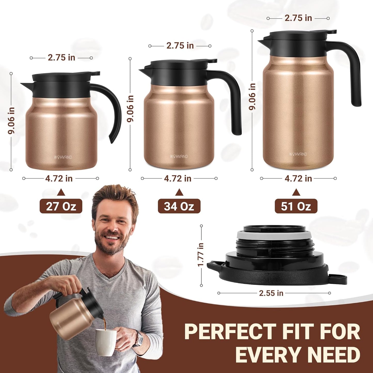 34Oz Thermal Coffee Carafes For Keeping Hot/Cold, Stainless Steel Coffee Carafe, Dustproof Insulated Water Carafe for Party/Home,Copper