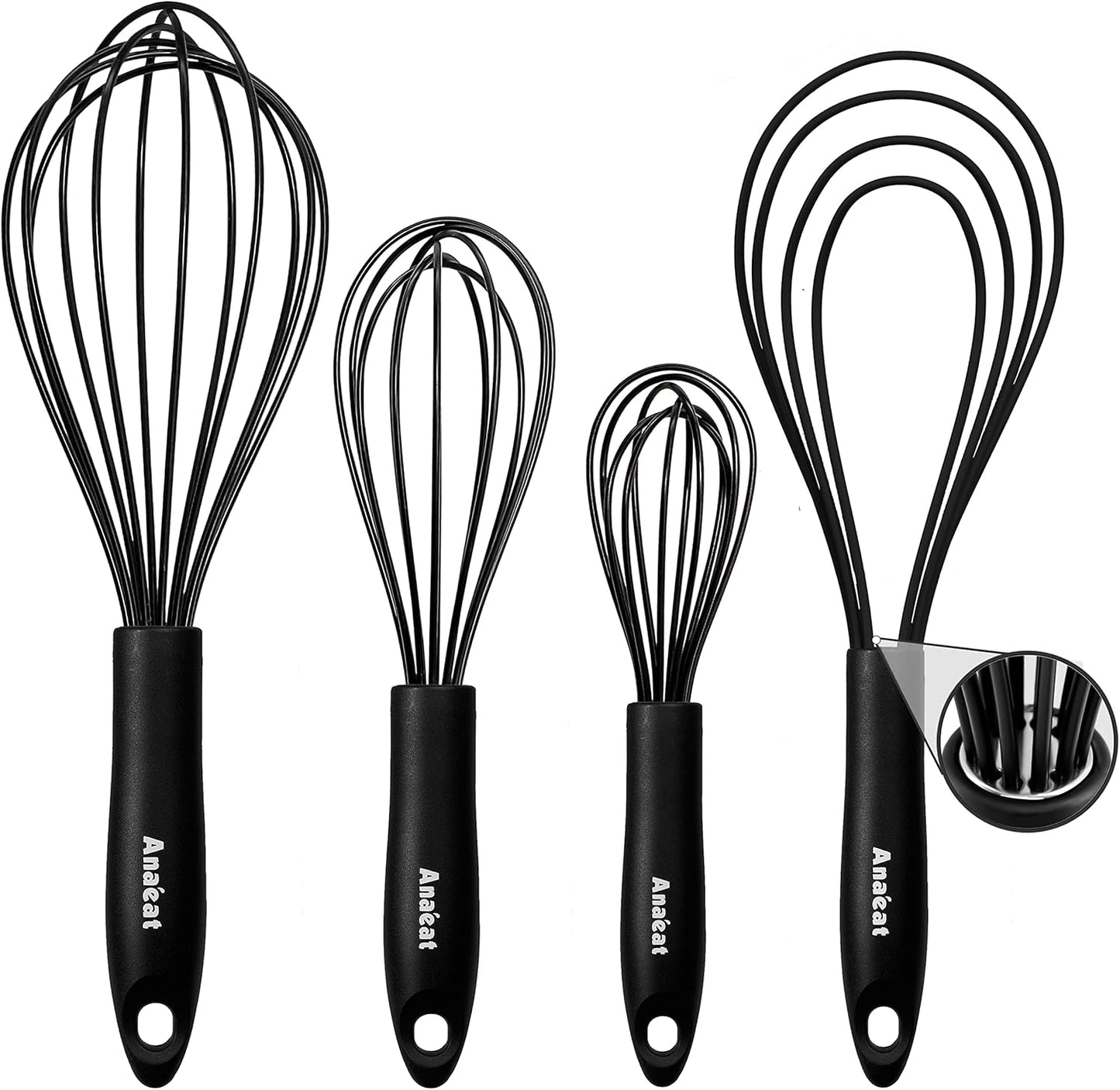 Anaeat Silicone Kitchen Whisk Set of 4, Perfect for Non-Stick Cookware, Egg Beater Milk Blender for Whisking, Cooking, Baking, Beating - 11'' Flat Whisk and 8.5''+10.5''+12'' Balloon Whisks (Black)