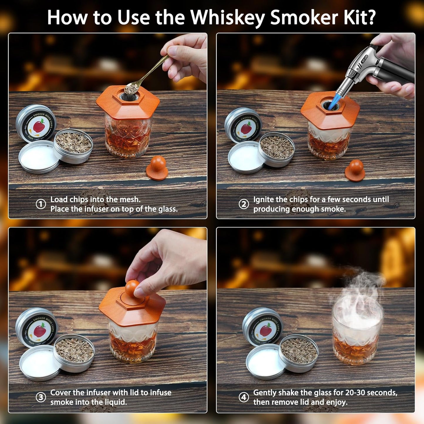 Whiskey Smoker Kit with Torch - Cocktail Smoker Infuser Kit, Old Fashioned Drink Smoker Kit, Anniversary and Birthday Bourbon Whiskey Gifts for Men, Dad, Husband, Boyfriend (No Butane)