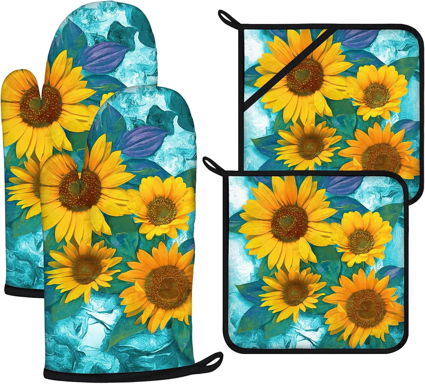 Sunflower Oven Mitts and Pot Holders Sets 4Pcs,Extra Long Oven Gloves Potholder for Kitchen Cooking Baking BBQ 100% Cotton Heat Resistant