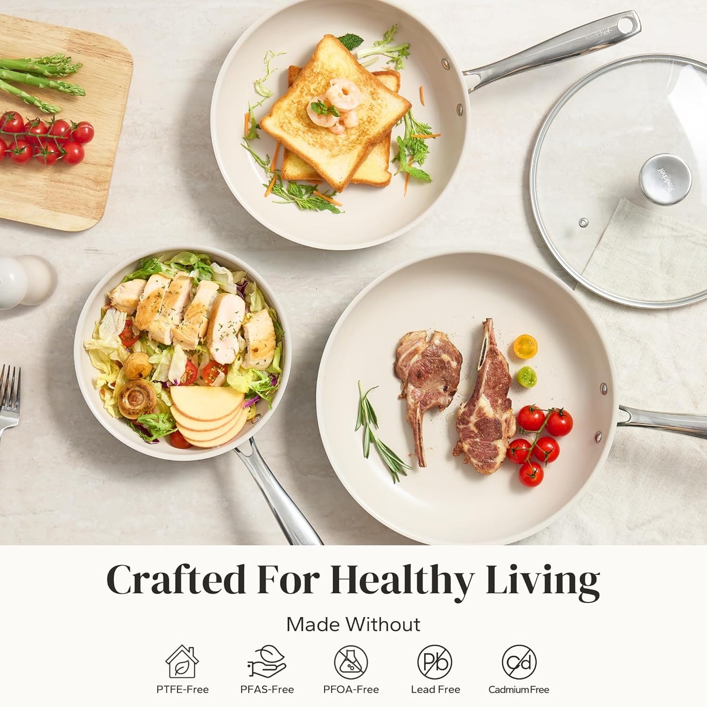 Redchef Nonstick Cookware Sets, Frying Pan Set with Tempered Glass Lids, Ceramic Cookware Set, Stay-Cool Handles, Dishwasher & Oven Safe, Compatible with All Cooktops, Beige (8+9.5+11 Inch)