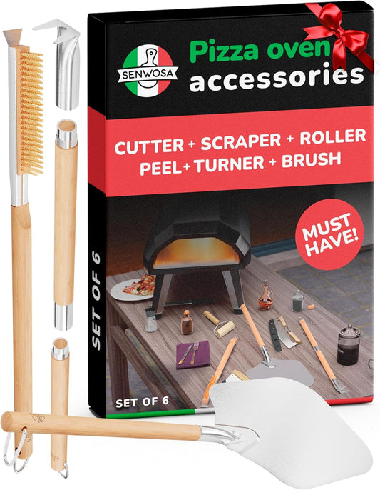 Pizza Oven Accessories Set - 3 Piece Pizza Making Kit with Pizza Peel, Pizza Oven & Stone Brush with Scraper, Turning Fork & Bubble Popper - Tools for Indoor Outdoor Brick Wood Gas Ovens