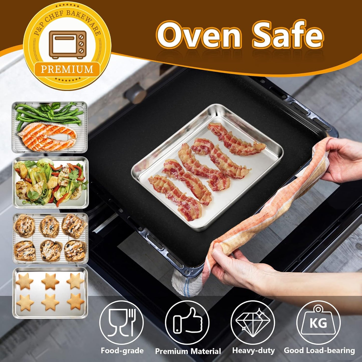 P&P CHEF 10.4 Inch Baking Sheet Pan with Rack Set, Stainless Steel Cookie Sheet Pan Tray with Cooling Rack for Oven Use, Cooking Roasting, Non Toxic & Dishwasher Safe, Heavy Duty