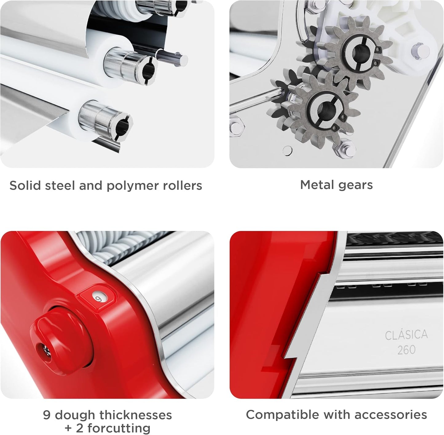 PASTALINDA Classic 260 Pasta Maker Machine, 26 cm Wide Rollers, 9 Thickness Positions, 2 Cutting Positions, Stainless Steel. Includes Reinforced Hand Crank And Two Clamps