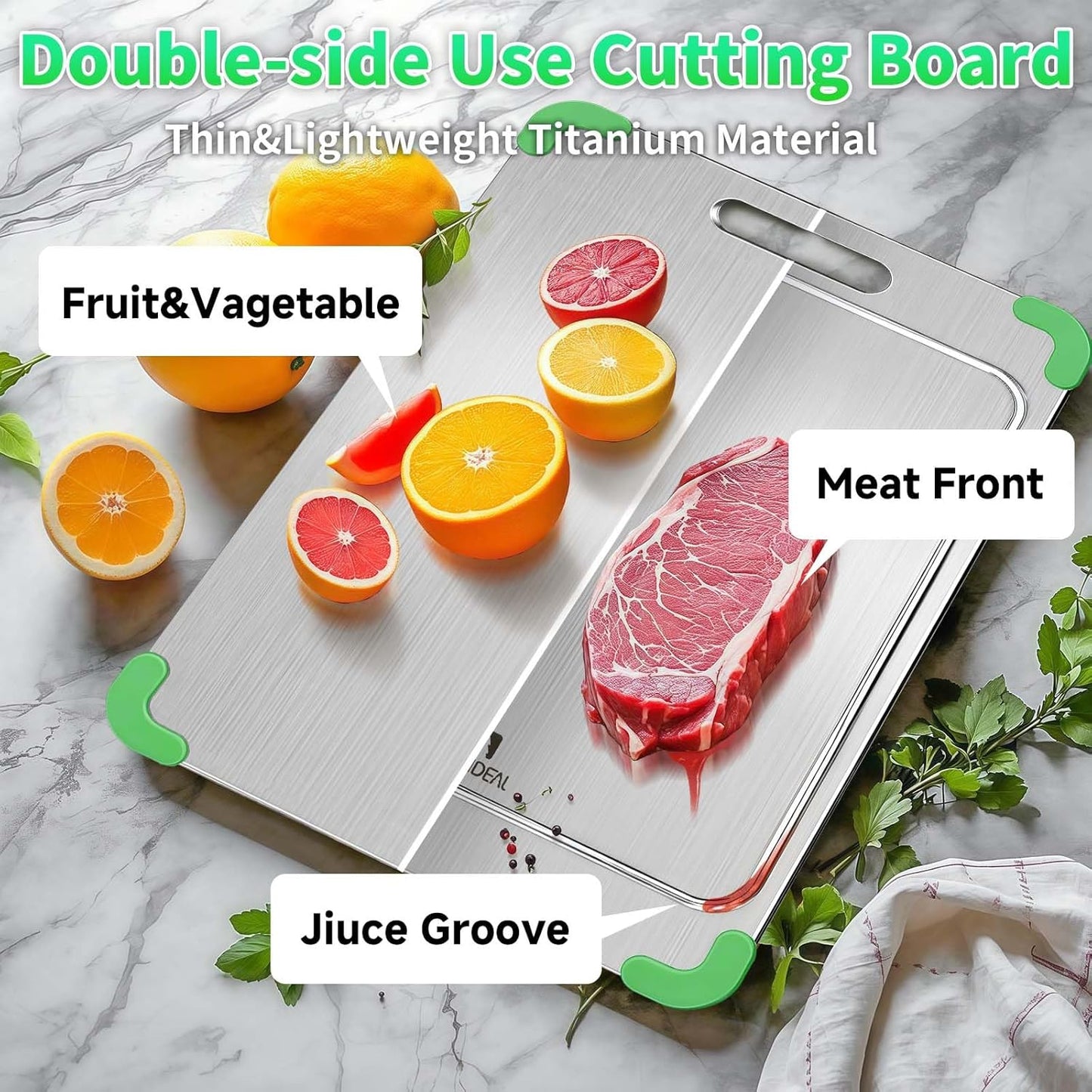 3Pcs 100% Pure Titanium Cutting Board with Grooves, Update Double Side Titanium Chopping Board, Silicone Anti-slip Stainless Cutting Boards Set for Kitchen, Green