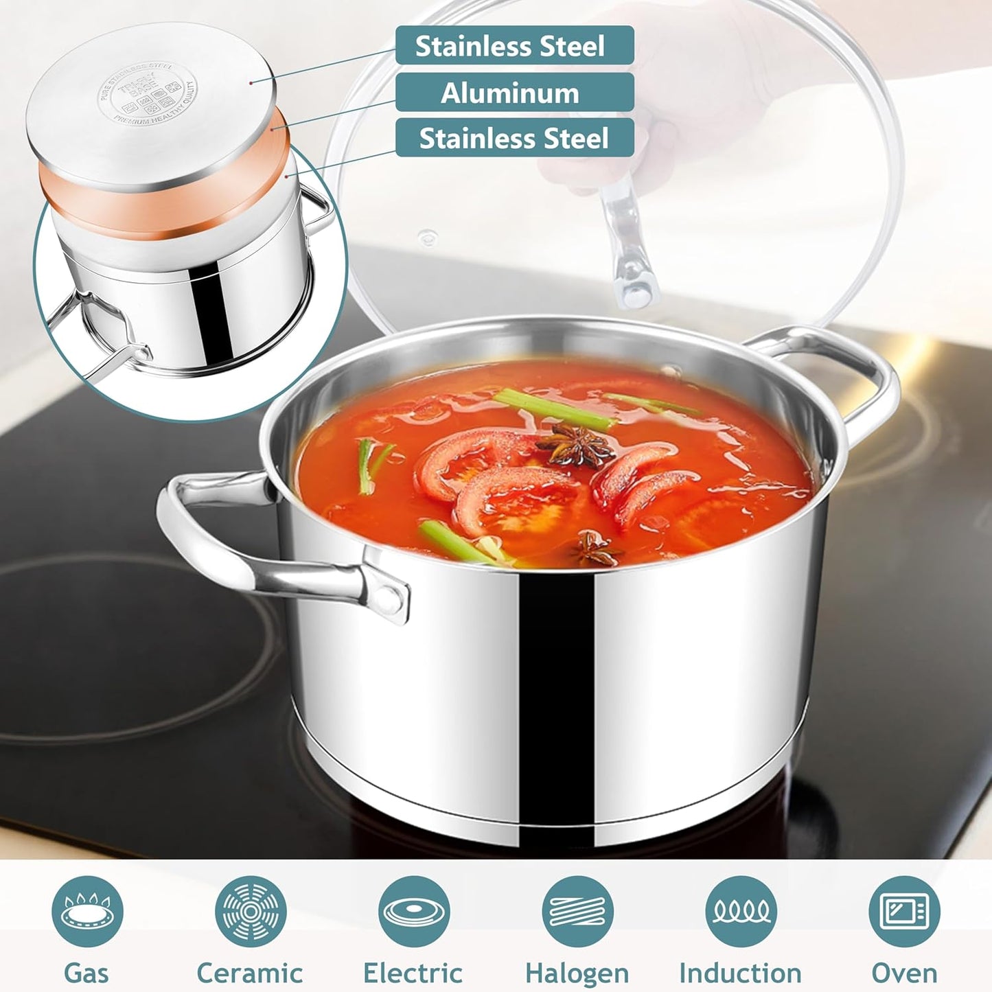 E-far 6 Quart Stock Pot with Lid, Stainless Steel Stockpot for Cooking Simmering Soup Pasta Sauce, with Tri-Ply Bottom & Visible Cover, Induction/Gas/Dishwasher Safe, Heavy Duty & Non Toxic