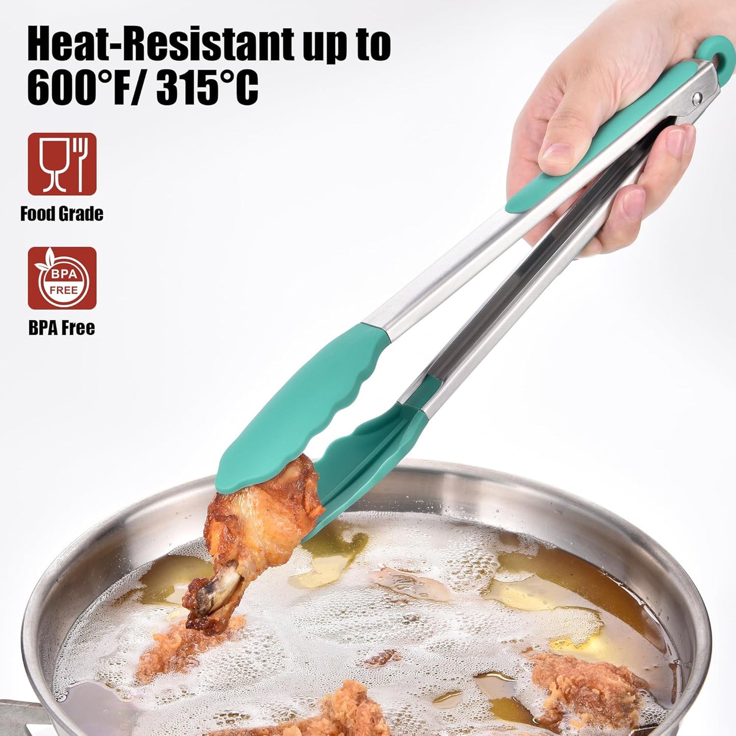 Doosu Kitchen Tongs for Cooking - 600°F Heat Resistant Food Tong Set with Non-Scratch Silicone Tips, Heavy Duty Stainless Steel Locking Tong for BBQ, Grilling Steak, Serving (7+9+12in, Aqua Sky)