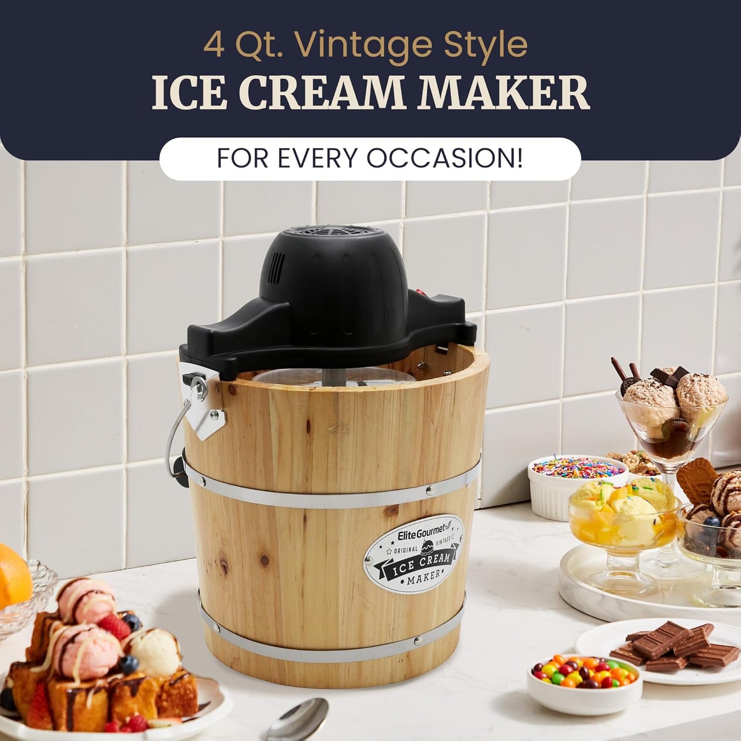 Elite Gourmet EIM402 Old Fashioned 4 Quart Vintage Wood Bucket Electric Ice Cream Maker Machine, Bonus Classic Die-Cast Hand Crank for Churning, Uses Ice and Rock Salt Churns Ice Cream in Minutes
