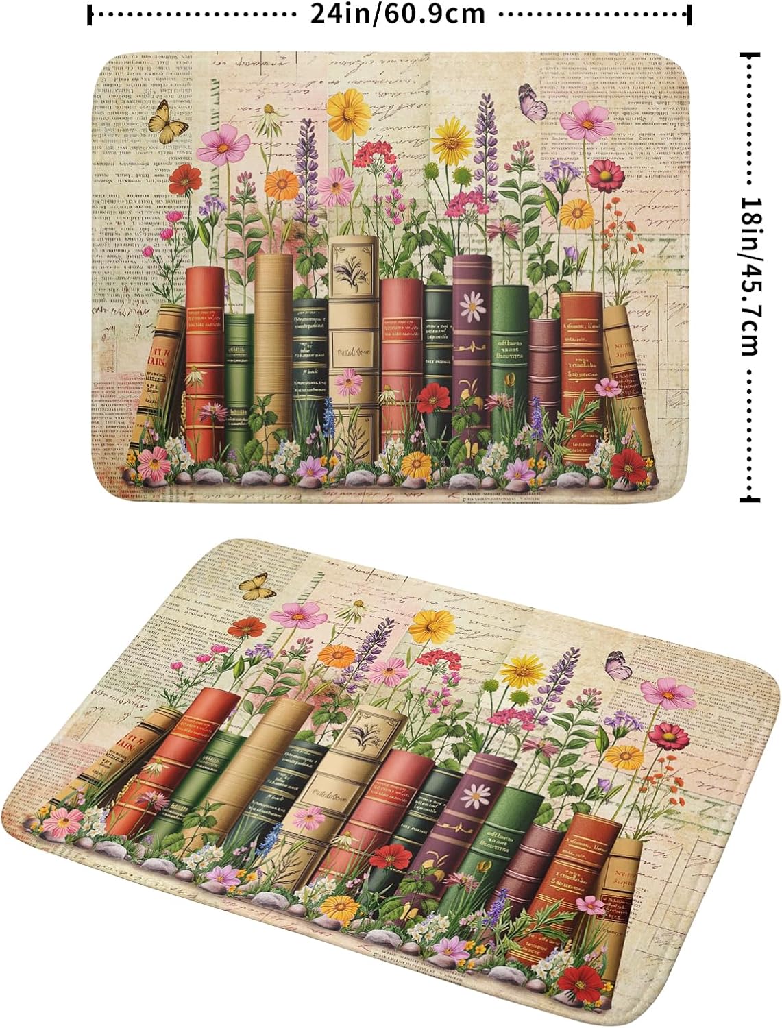 Vintage Books Dish Drying Mat - Retro Flower Kitchen Countertop Cloth Pad 18 x 24 In