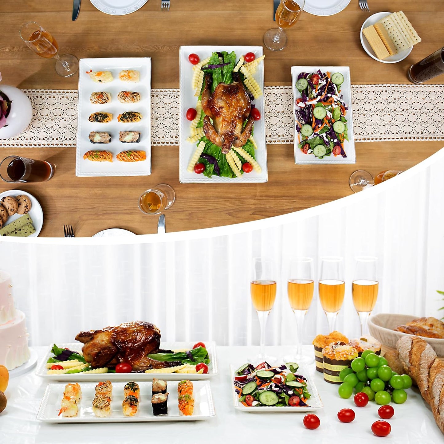 Kassel Ceramic Serving Platter Set | 14”/12” /10” Rectangular Serving Trays for Entertaining at Parties and Weddings | Oven Safe Large Serving Trays for Tacos, Steak, and Cake