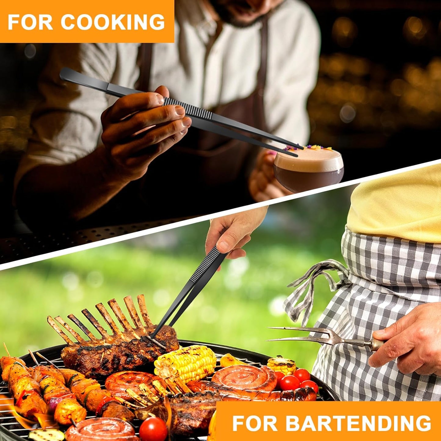 Yaomiao 4 Packs 12 Inch Bar Tweezers Black Long Garnish Tongs Stainless Steel Kitchen Cooking Tongs Tweezers for Food Cocktail Korean BBQ Bartender Chef, Multi-use