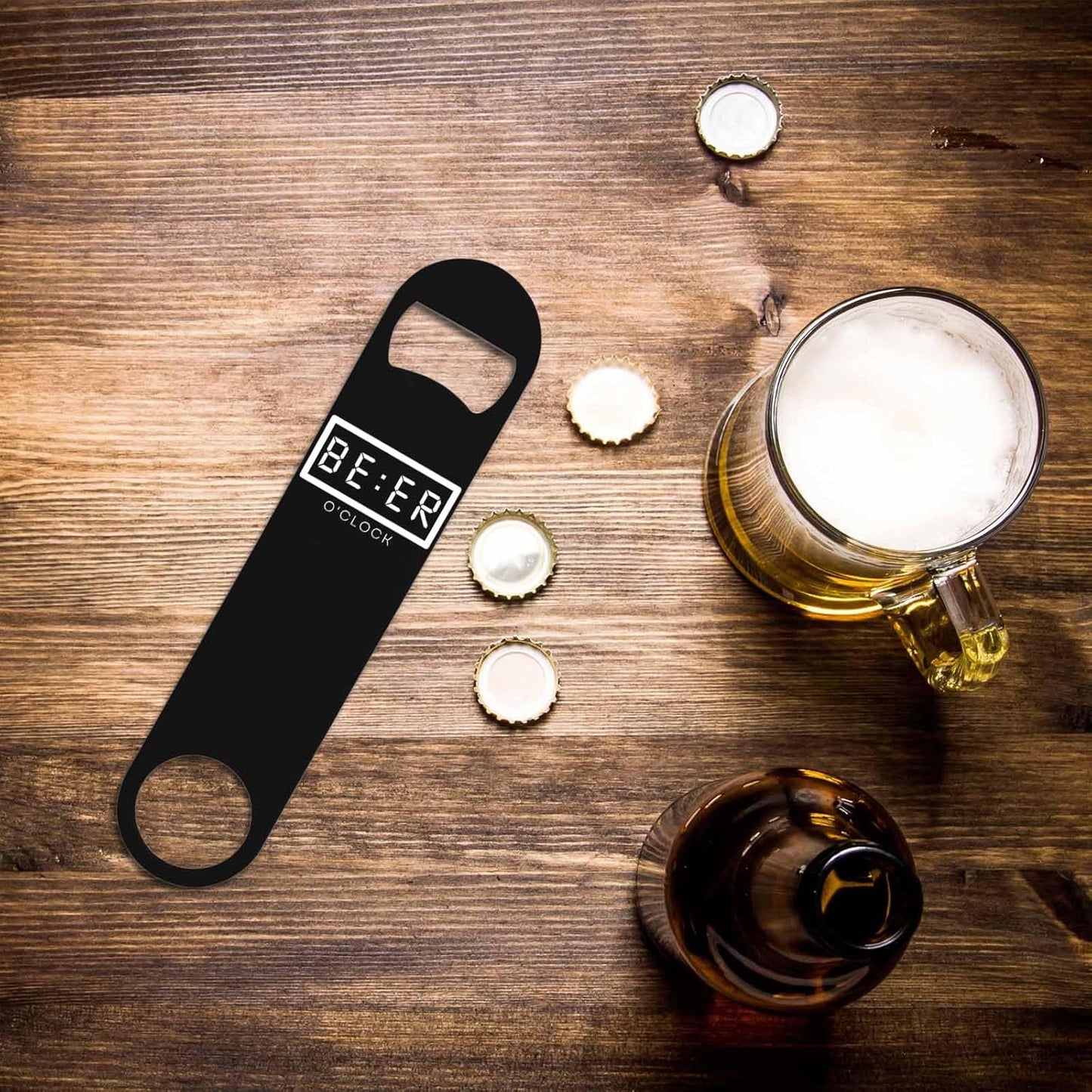Stainless Steel Bottle Opener Beer O'Clock Simple Art Black Flat Beer Bottle Opener Keychain for Home Kitchen Bar Restaurant Party Birthday Gift