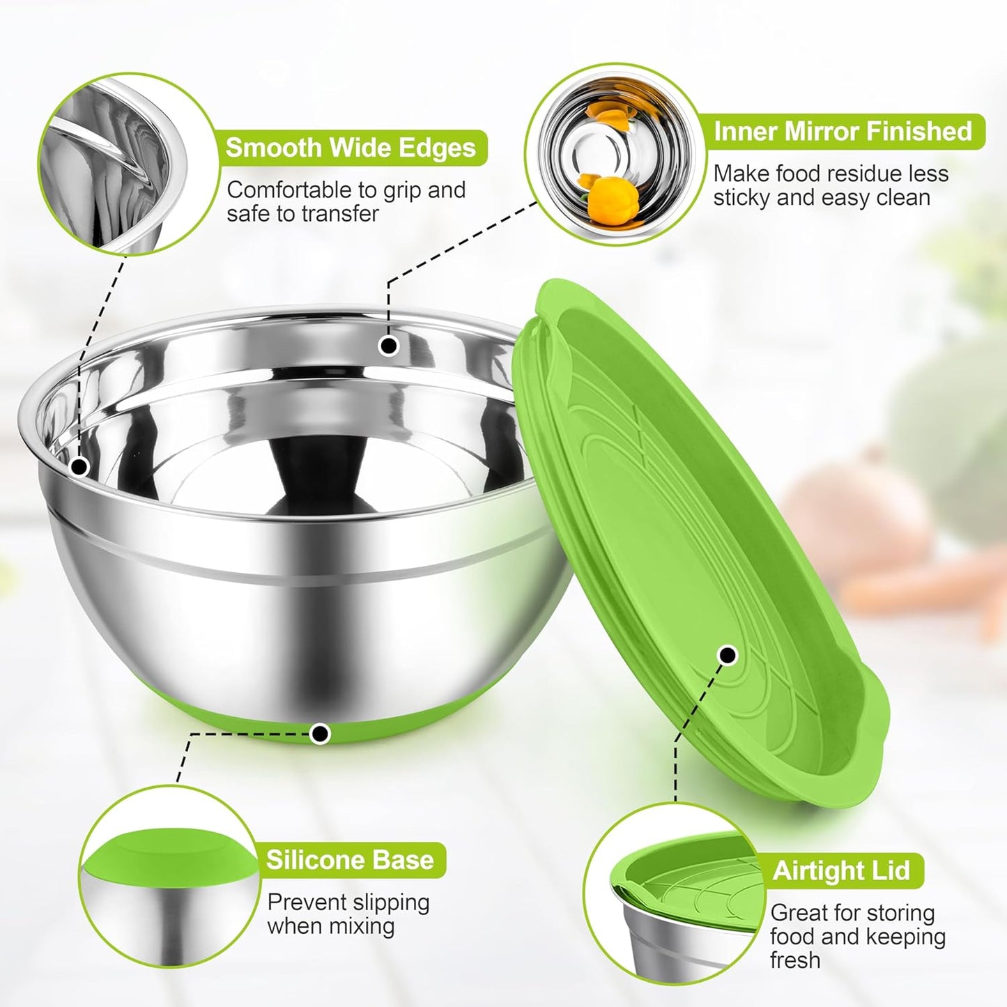 TeamFar Mixing Bowls, Stainless Steel Mixing Bowls with Lids, Nesting Salad Bowls with Air-tight Lids & Non-slip Bottom, Dishwasher Safe & Stackable, Set of 6-4.6/2.6/2 / 1.5/1 / 0.7 Qt