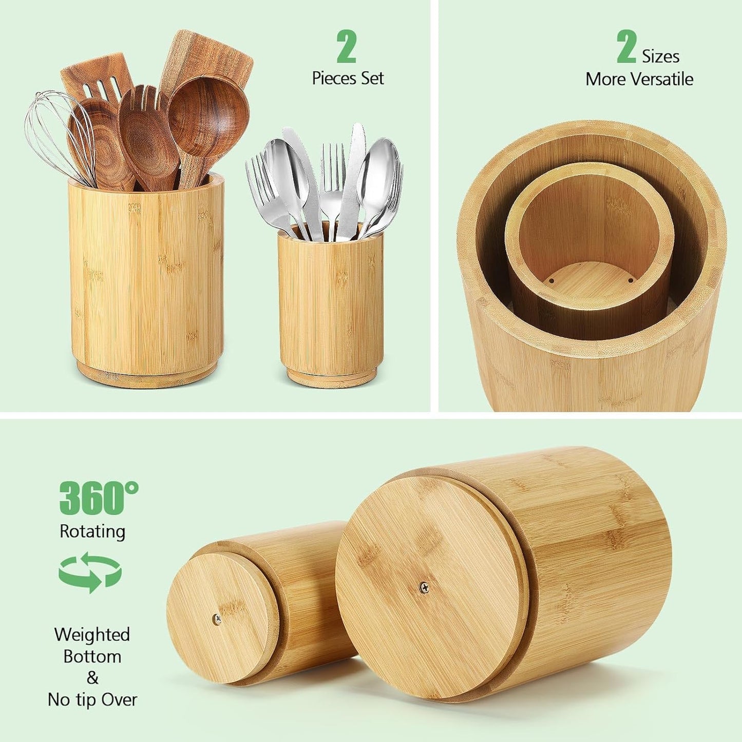 2 Pack Wooden Utensil Holder, 360°Rotating Kitchen Cooking Utensil Crock, Spoon Spatula Holder for Kitchen Counter, Farmhouse Countertop Organizer(Bamboo,Round)
