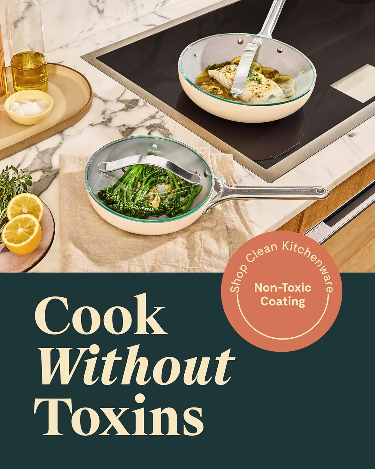 Caraway Ceramic Fry Pan Duo with Glass Lids - Non-Stick Frying Pans (10.5” & 8”) - Non Toxic, PTFE & PFOA Free - Oven Safe & Compatible with All Stovetops – Cream