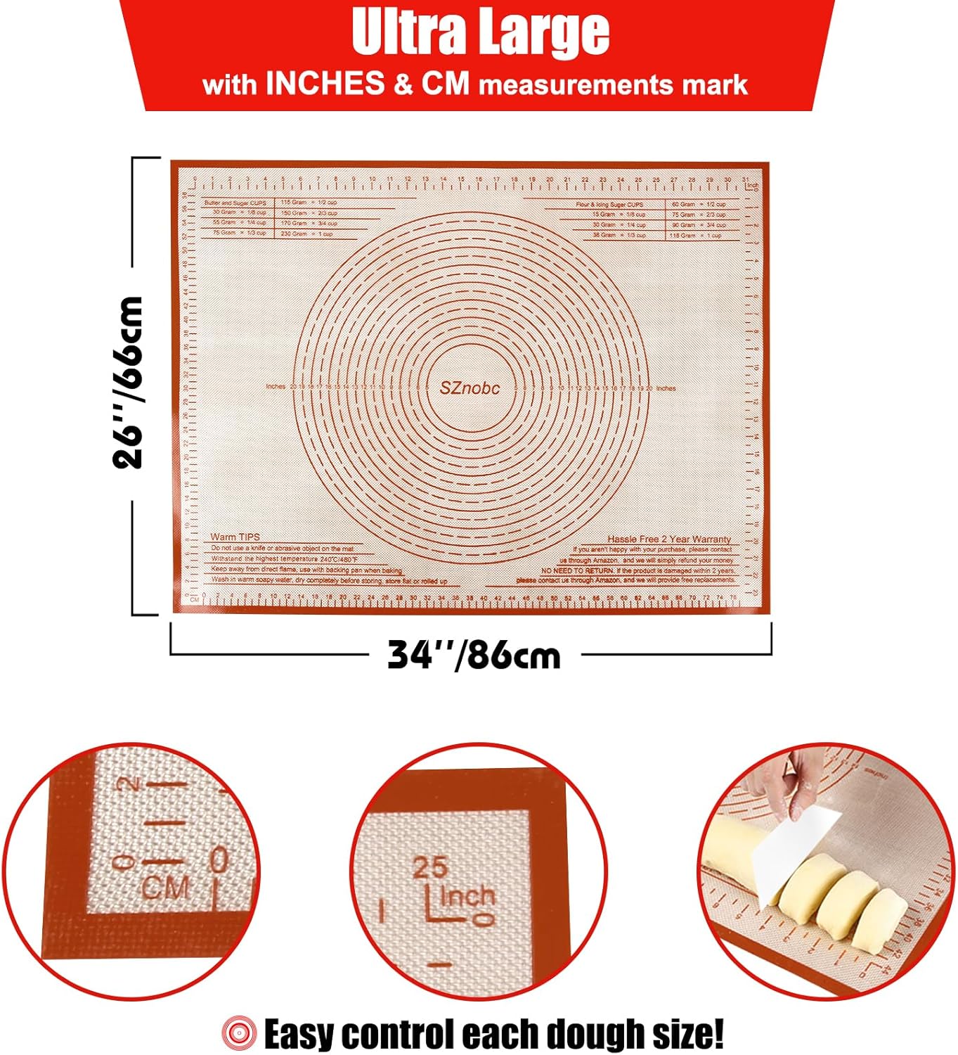 Silicone Pastry Mat 34X26 Inch Nonstick Baking Mat with Measurement, Perfect for Dough Mat, Pastry Board, Kitchen Counter Mat, For Dough, Pie Crust, Fondant, Pasta/Pizza, Red