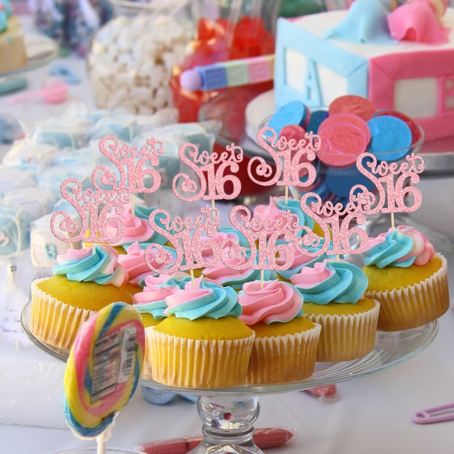 Gyufise 24 Pack Happy Sweet 16 Cupcake Toppers Glitter Sixteen 16th Birthday Cupcake Picks Cheers to 16 Years Old Cupcake Decorations for 16th Birthday Anniversary Party Cake Decorations Supplies Pink