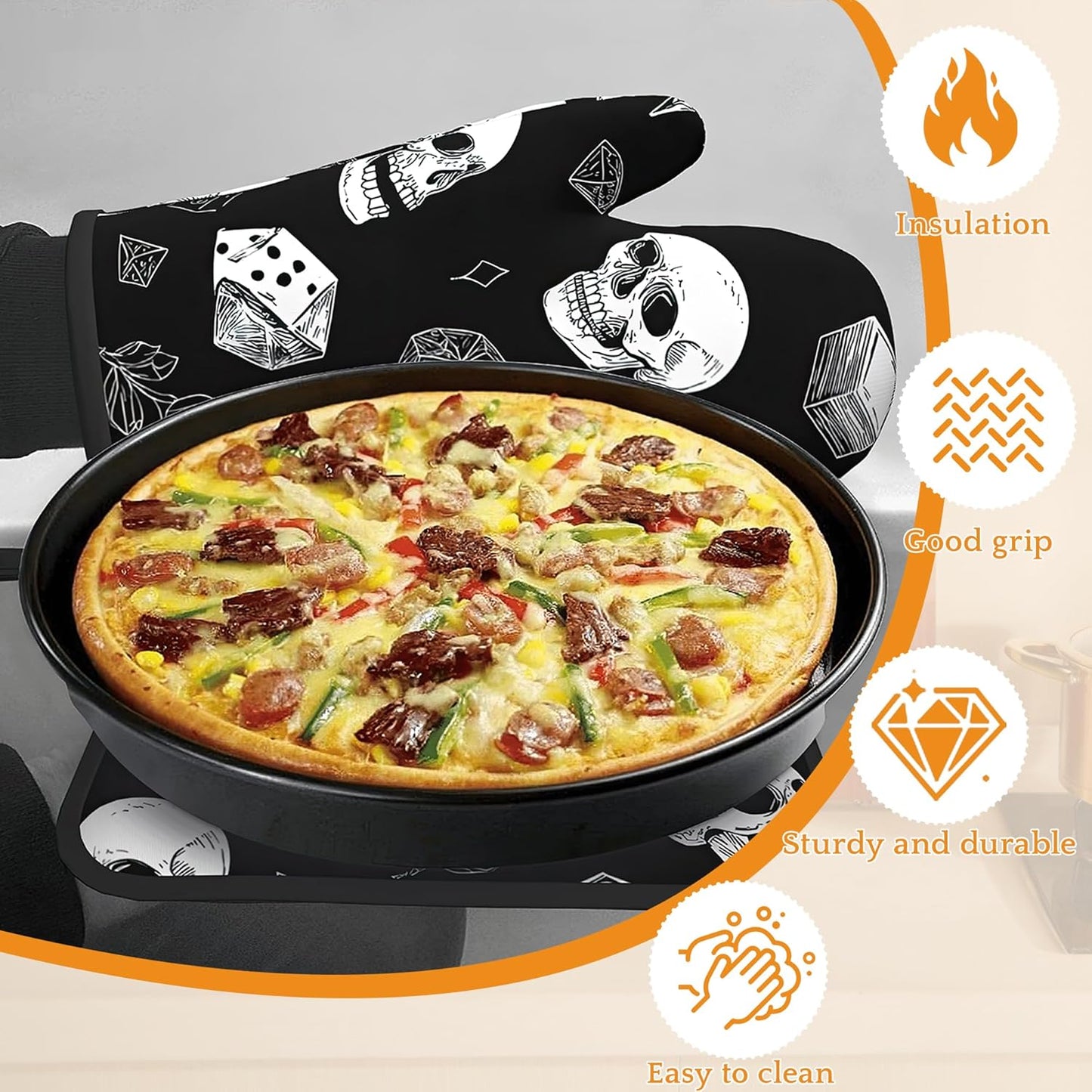 Skull Head Oven Mitts and Pot Holders, Rose Heat Resistant Oven Mitts Gloves and Pot Holder for Home Kitchen Decorations Cooking Baking BBQ Gifts,Set of 4