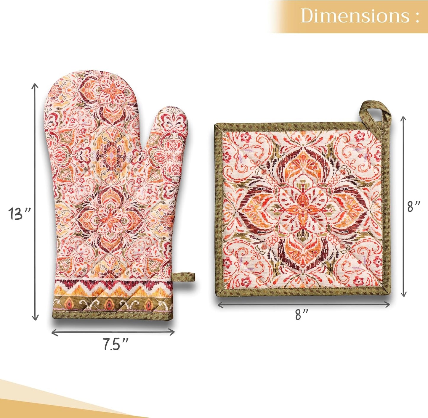 Maison d' Hermine 100% Cotton Oven Mitt & Pot Holder Set (7.5"x13" & 8"x8") Heat Resistant BBQ Cooking Gloves with Loop, Baking, Grilling, Kitchen, Handling Hot Pans (Damask)