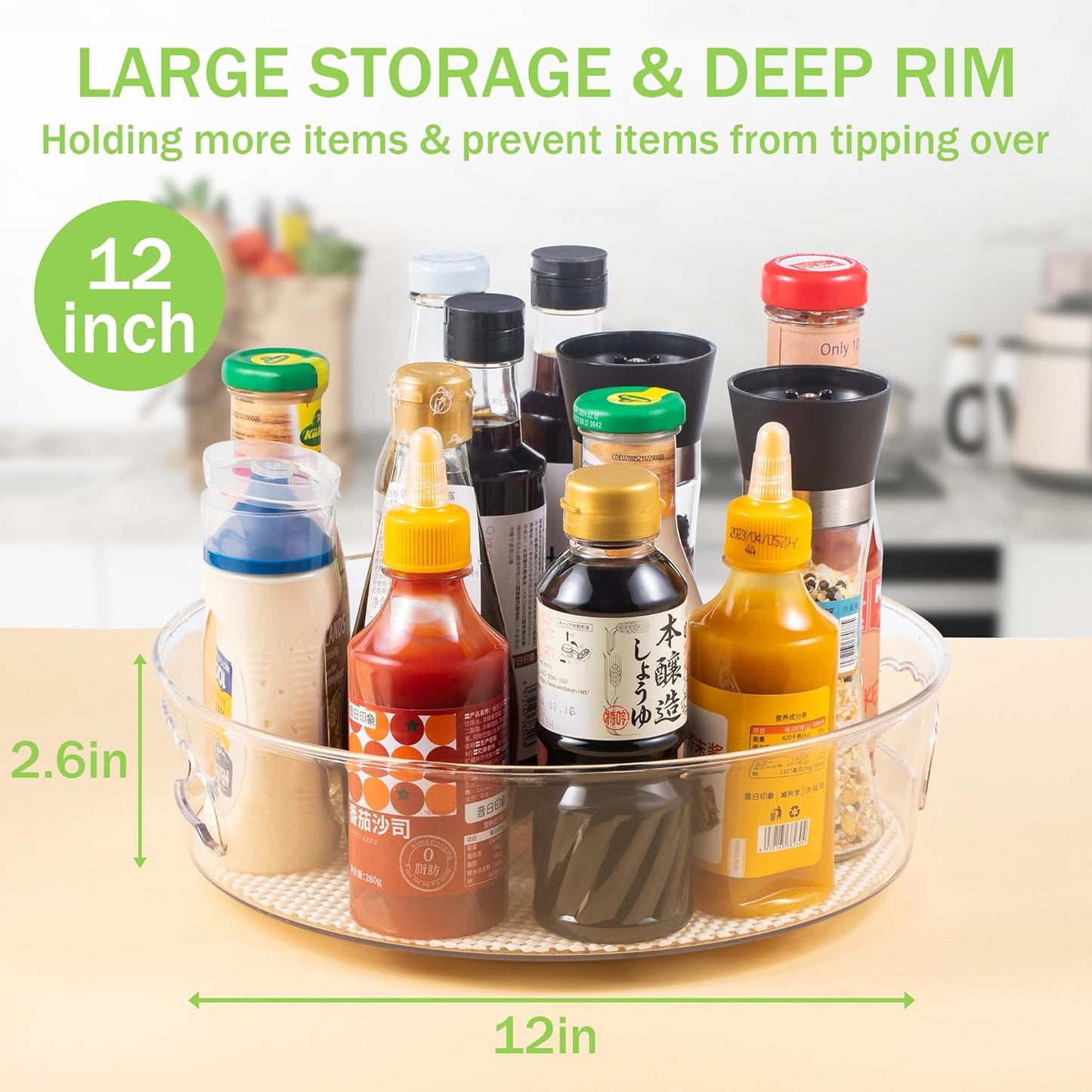 4 Pack Lazy Susan Organizer for Cabinet with Handle, 12“ inch Clear Spinning Storage Lazy Susan Turntable for Pantry, Kitchen Sink, Fridge, Bathroom, Countertop, Non-Skid Liners Included, Round