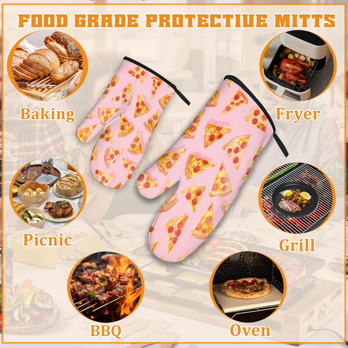 Cute Pizza Oven Mitts and Pot Holders,Heat Resistant Oven Mitts Gloves and Pot Holder for Home Kitchen Decorations Cooking Baking BBQ Gifts,Set of 4