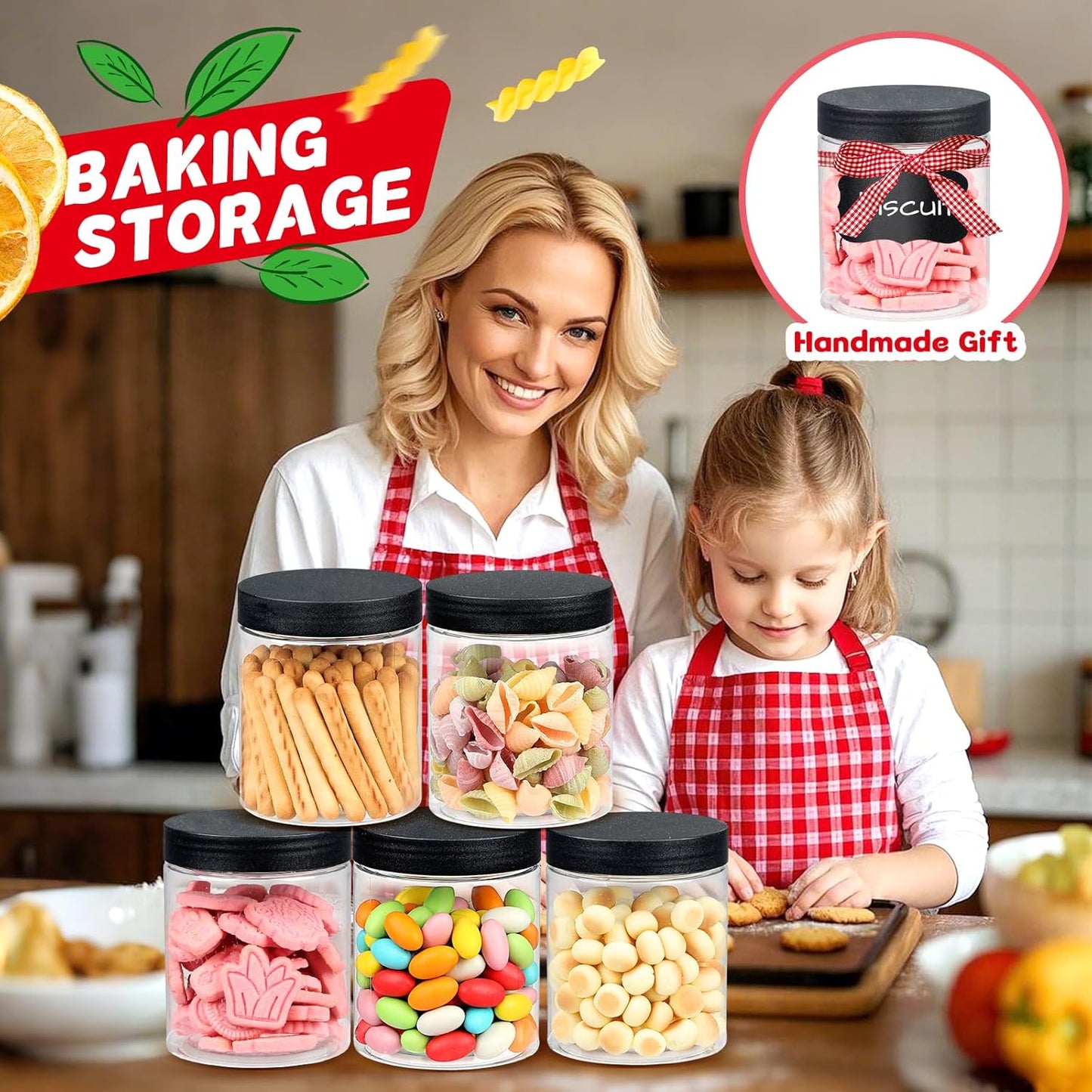 48 PCS 8 OZ Plastic Jars with Screw On Lids,Labels Refillable Empty Round Slime Containers for Storing Dry Food, Honey Jam, Cream, Butter, Lotion, black