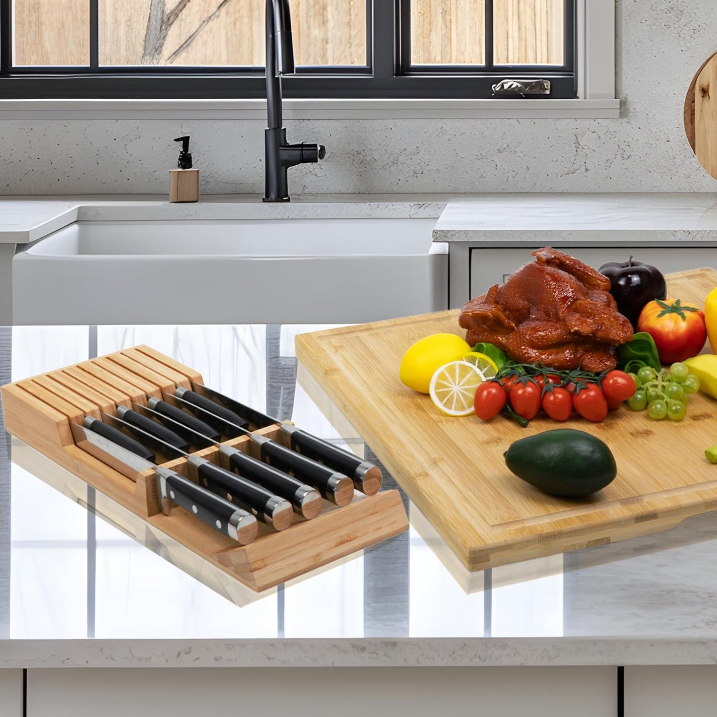 Utoplike Knife Drawer Organizer Bamboo Knives Block for Kitchen, Large Handle Steak Holder, Fit for 9 Knives (Not Included)