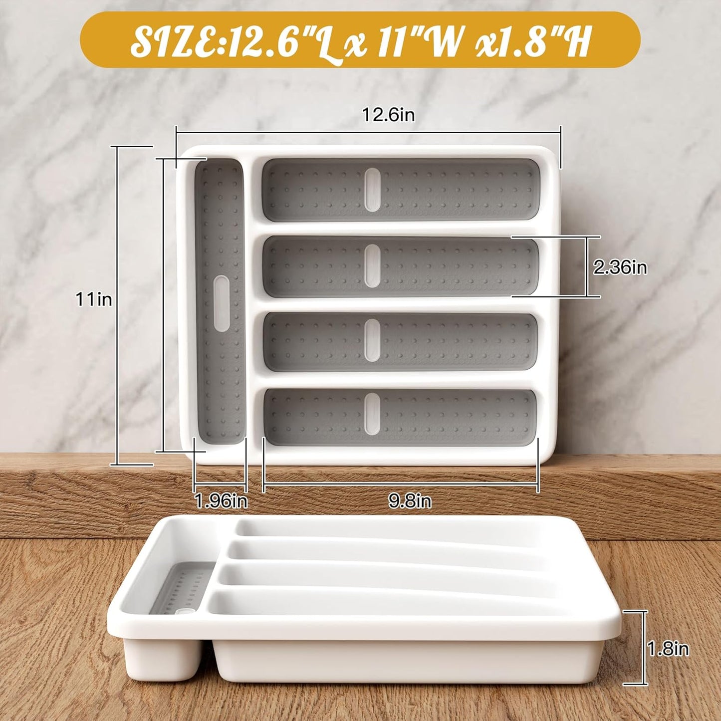 5-Slot Utensil Drawer Organizer for Silverware & Cutlery | Large Plastic Utensil Holder with Non-Slip Design, Silverware Drawer Organizer, BPA-Free (White)