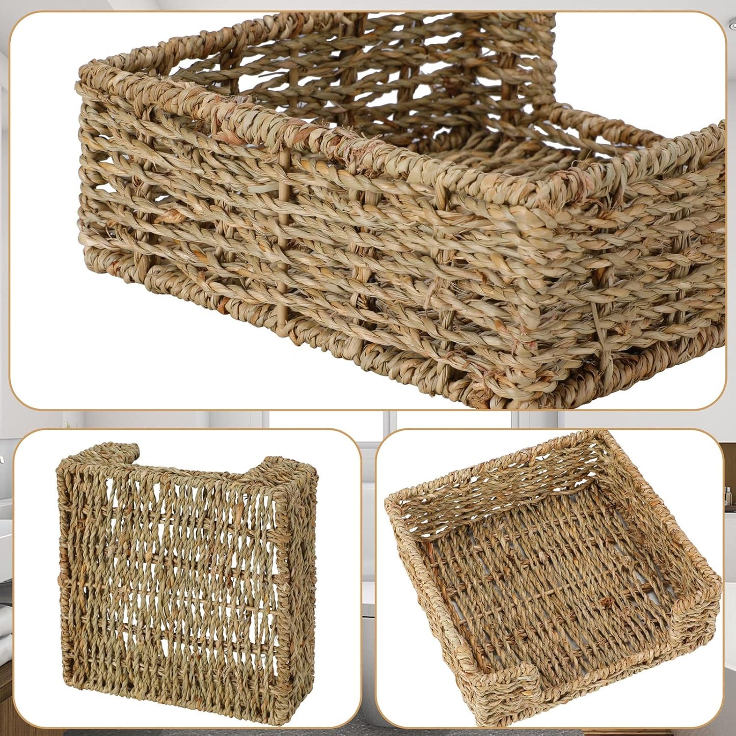 Ratten Napkin Holder for Table, Square Seagrass Serving Tray for Paper Napkins Kitchen Restaurant Dinner Wicker Baskets 7.8" x 7.8" x 2.8"
