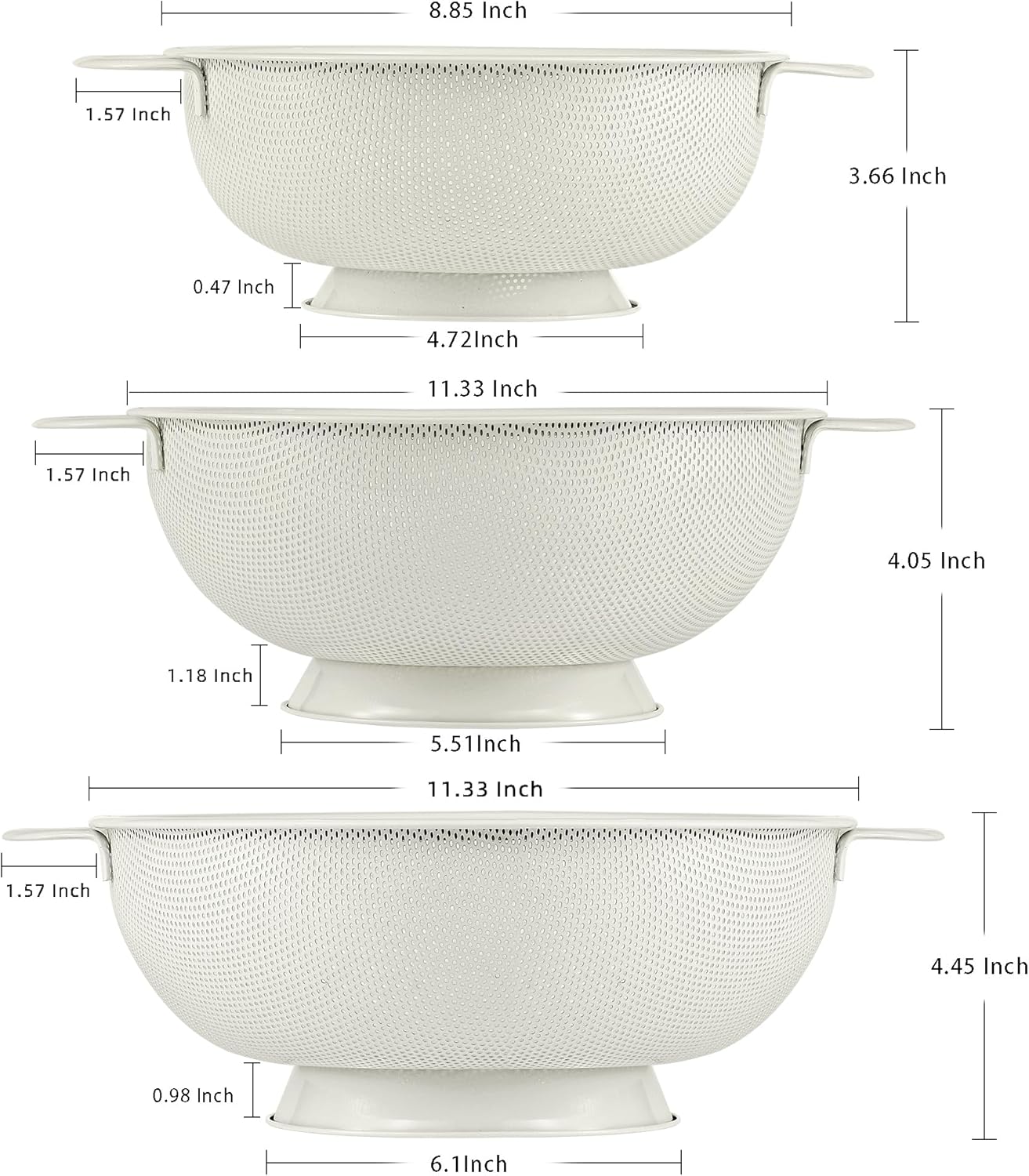 Stainless Steel Colander 3 Piece,Metal Strainer Basket with Solid Base and Handles for Kitchen Food,Pasta, Noodles, Vegetables and Fruits,Powder Coated,BPA Free,Dishwasher Safe,2 & 3 & 4.5 Qt (Cream)