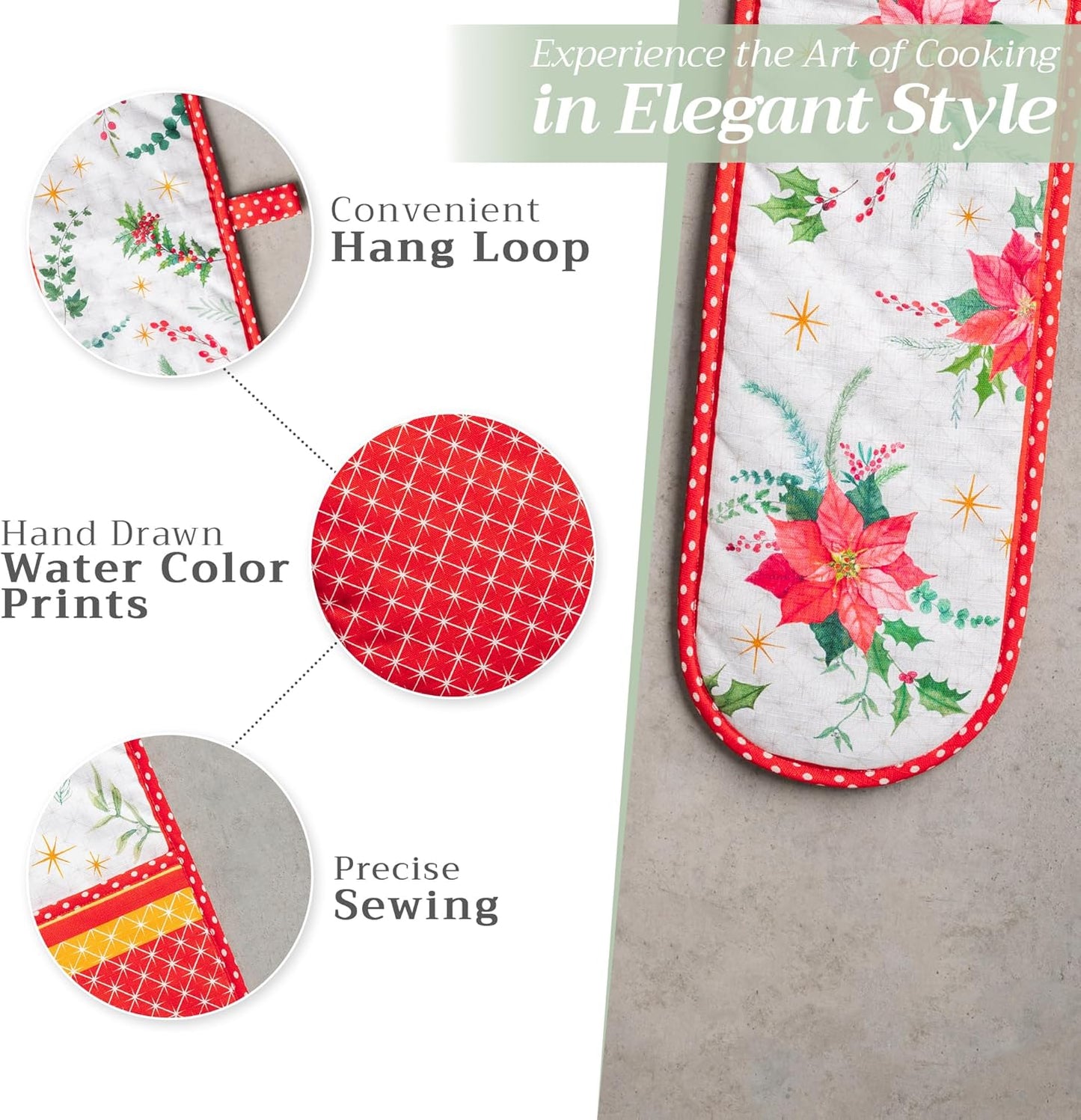 Maison d' Hermine Double Oven Mitts 100% Cotton 7"x35" Double Oven Mitt Heat Resistant BBQ Cooking Gloves with Loop, Baking, Grilling, Home, Kitchen, Handling Hot Pans (Poinsettia Christmas)
