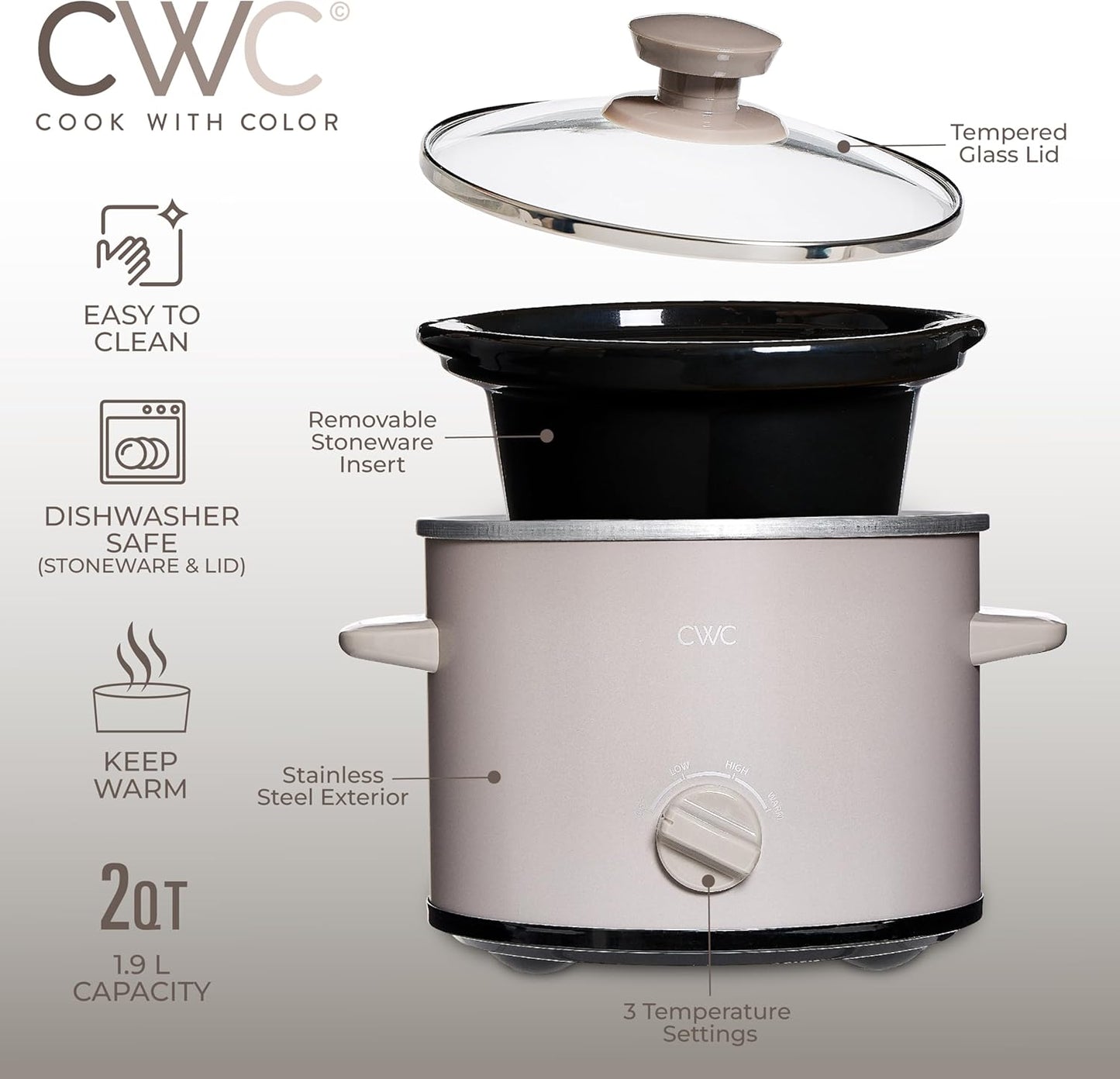 COOK WITH COLOR 2QT Mini Electric Round Slow Cooker - Adjustable Settings, Removable Stoneware Pot, Tempered Glass Lid, Dishwasher Safe, Cool-Touch Side Handles, Greige