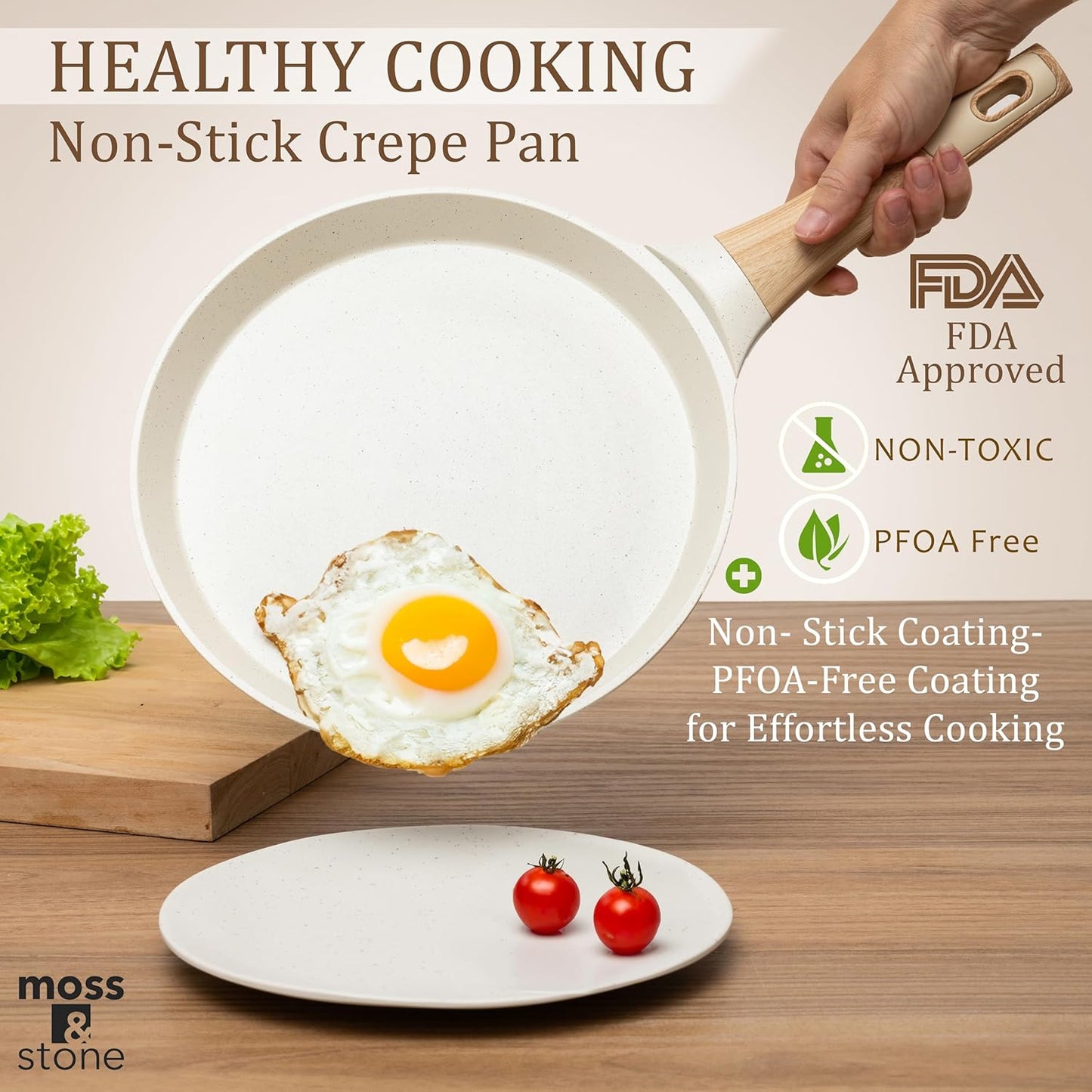 Moss & Stone 9.5 Inch Nonstick Crepe Pan with Spreader, Dosa Pan for Roti Dosa Tawa Comal Para Tortillas, Ceramic Flat Skillet Pan Induction Compatible, Pancake Pan for Stove Top - White