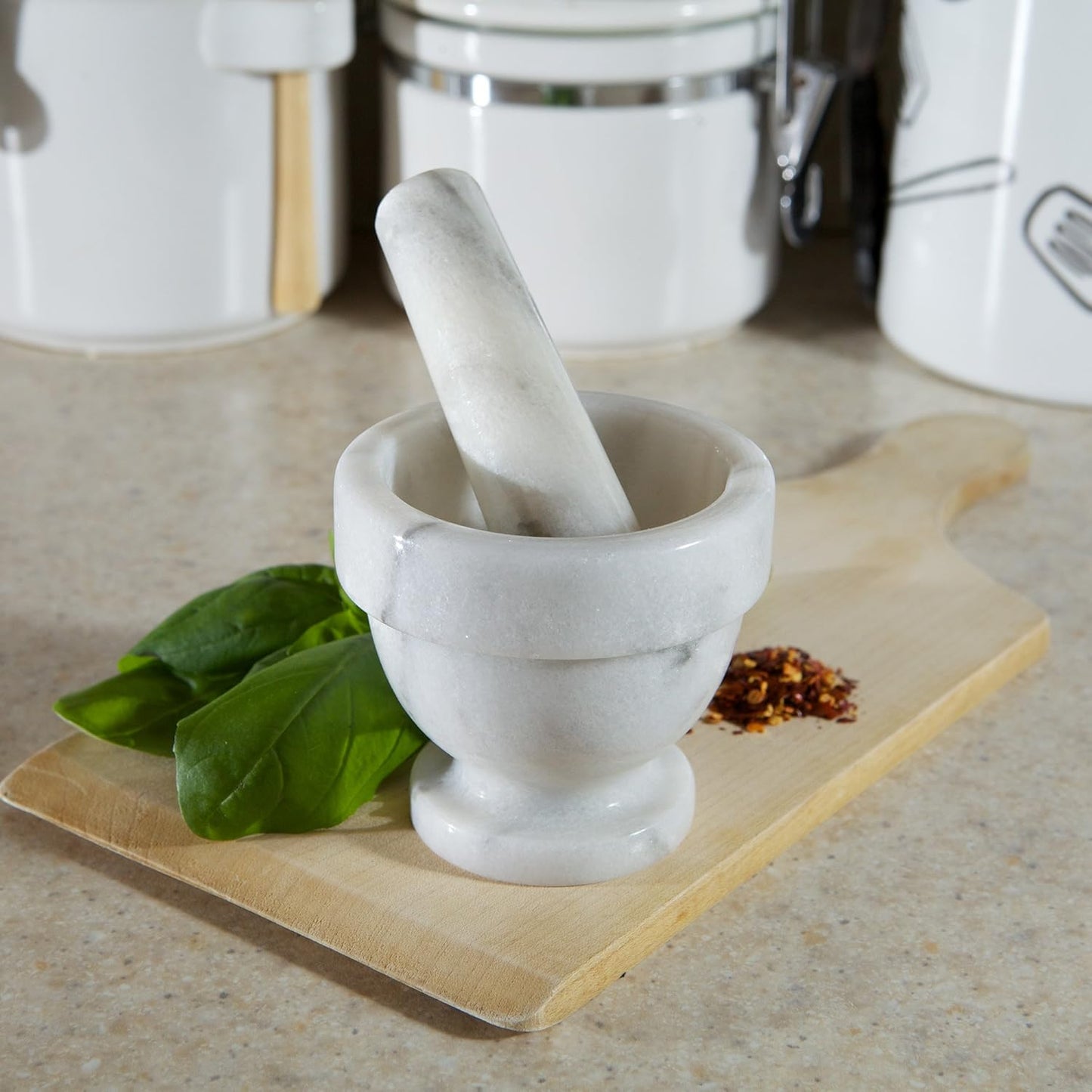 Fox Run Small Marble Mortar and Pestle Set, White, 3.5"