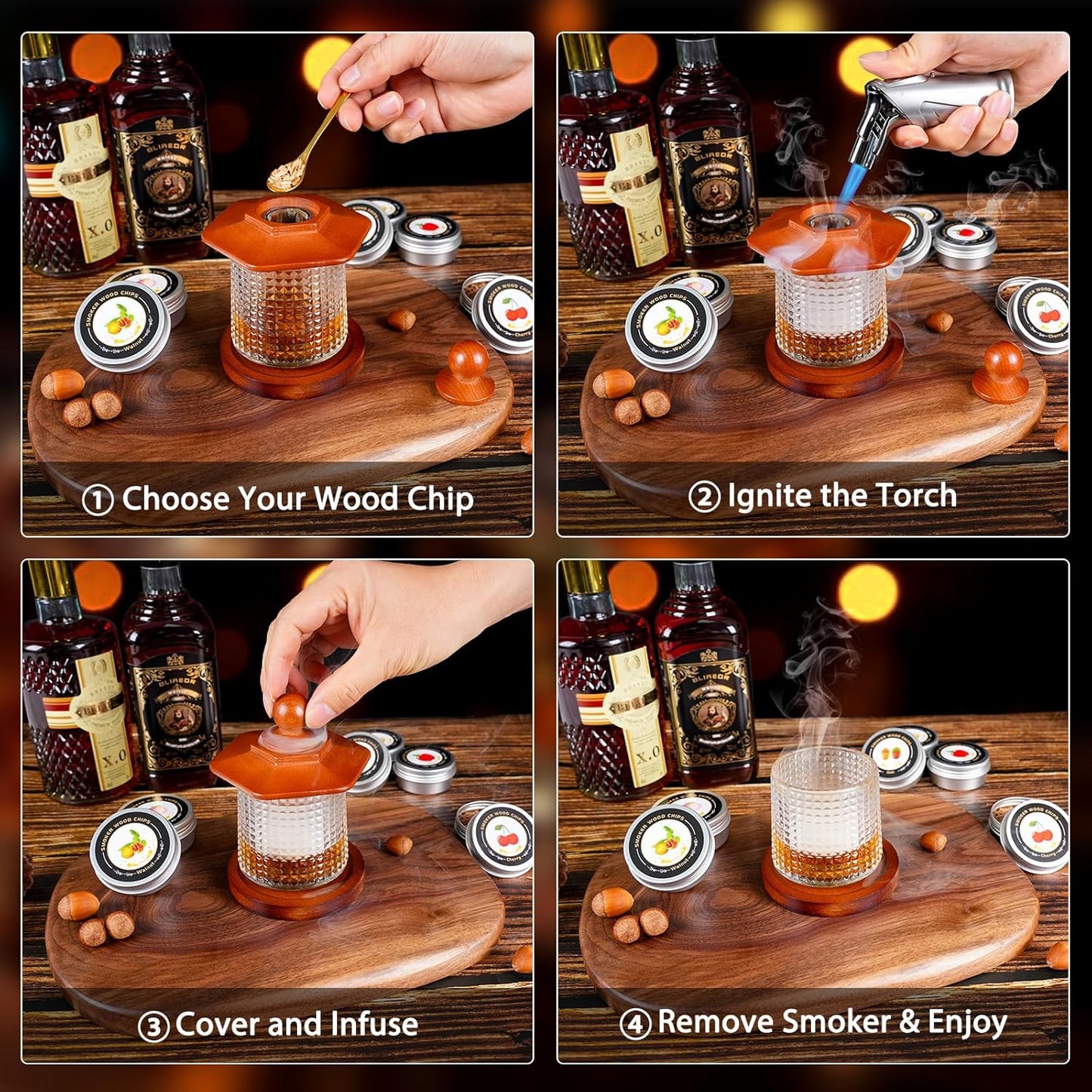 Whiskey Smoker Kit with Torch - 6 Flavors Wood Chips, 2 Rotatable Whiskey Glasses, 2 Ice Ball Molds - Cocktail Smoker Infuser Kit, Old Fashioned Smoker Kit, Birthday Gifts for Men, Dad(NO Butane)