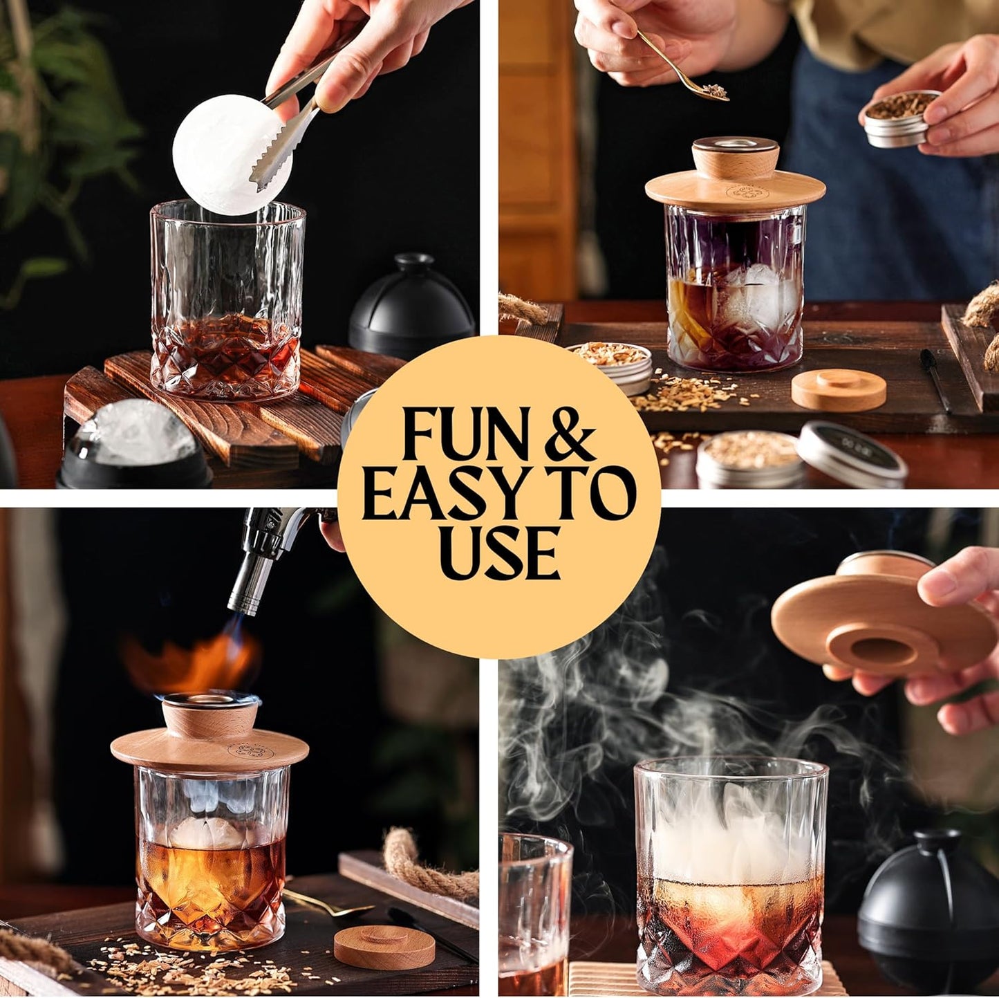 Cocktail Smoker Kit - Whiskey Bourbon Drink Smoker with Torch, Custom Top, 2 Ice Ball Makers, 4 Flavors Wood Chips - Smokers for Whiskey Drinks - Cocktail Drink Smoking Kit - Unique Gifts for Him