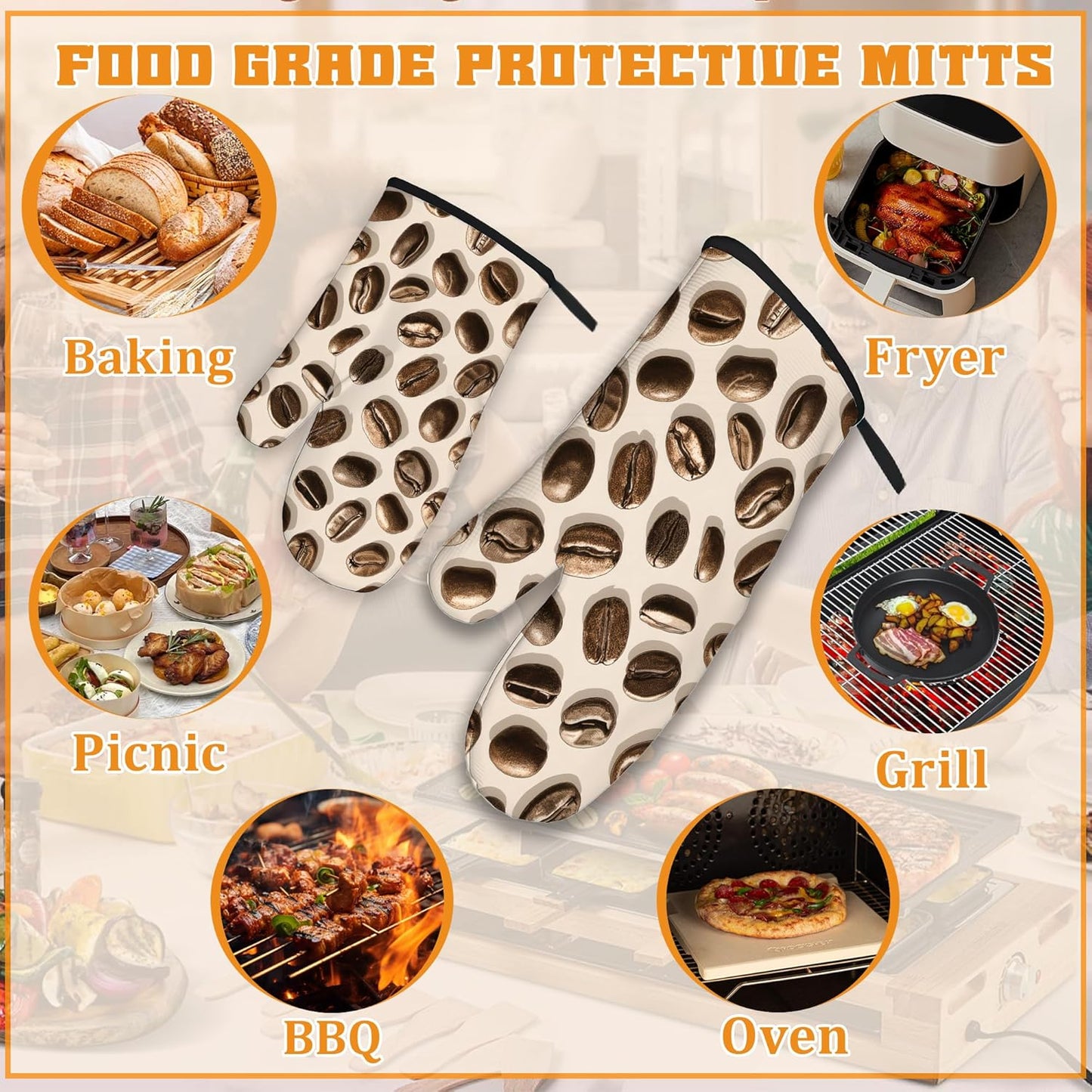 Coffee Bean Oven Mitts and Pot Holders Set,Kitchen Oven Gloves and Pot Holder with Heat Resistant Non Slip for Cooking Baking Grilling(4 Piece Set)