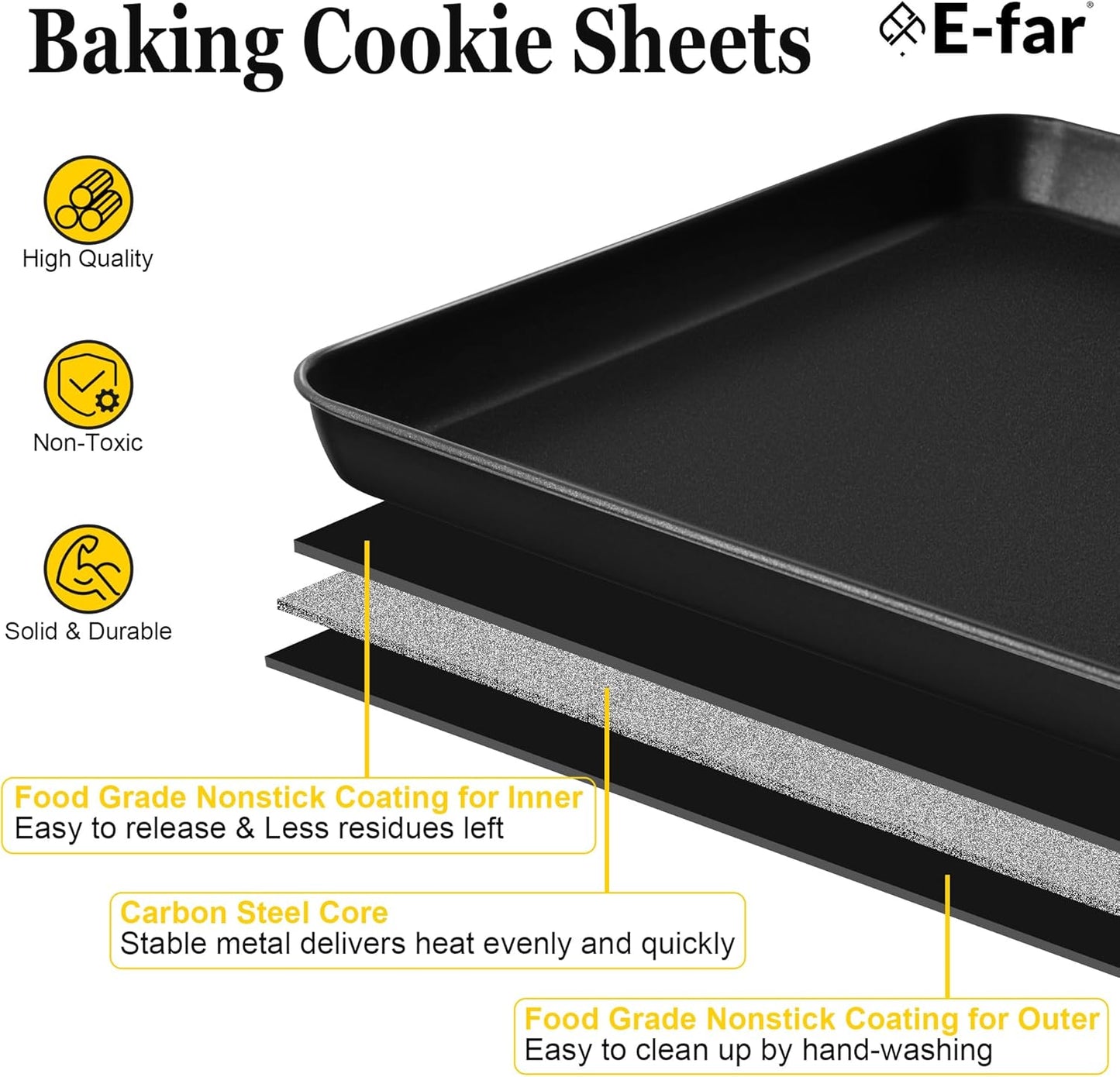 E-far Cookie Baking Sheet Set of 3, Nonstick Metal Sheets Pans Jellyroll Trays for Oven, Large/Medium/Small (16/12.4/10.4”) No-toxic Rectangle Bakeware for Baking Cake Bread, Easy Clean