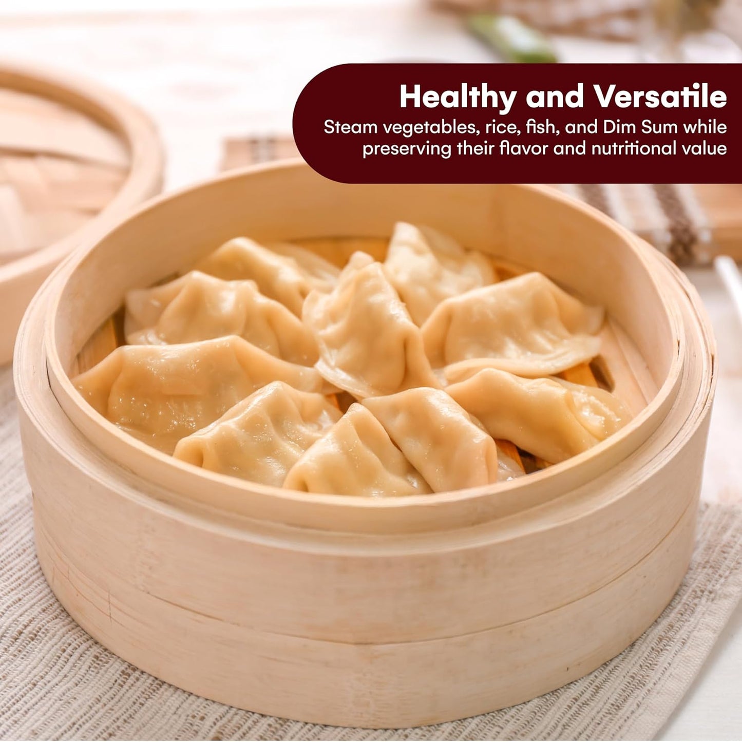 Vdomus Bamboo Steamer Basket - 10 inch Dumpling & Bun Steamer with Chopsticks - Natural Wood, Brown, Round Shape