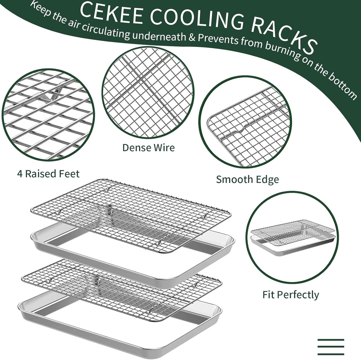 Quarter Sheet Pan with Cooling Rack Set [2 Baking Sheets + 2 Baking Racks], CEKEE Stainless Steel Cookie Sheets for Baking and Wire Rack - Rust & Warp Resistant & Nonstick, Size 12 x 9.8 x 1 Inch