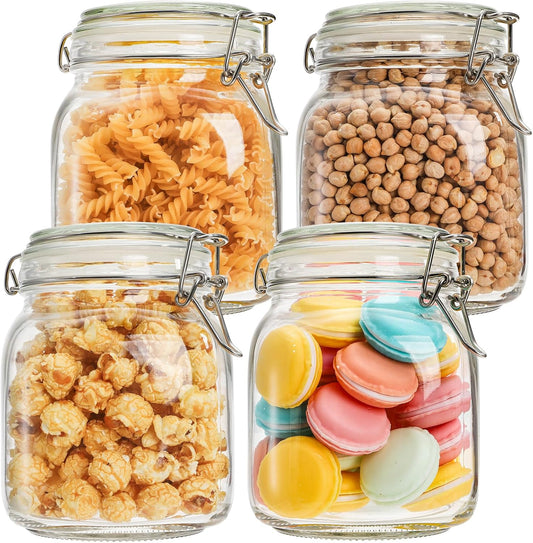 Kingrol 4 Pack 34 Ounces Glass Jars, Wide Mouth Storage Canister Jars with Bail and Trigger Clamp Lids for Pickling, Preserving, Canning, Dry Food Storage
