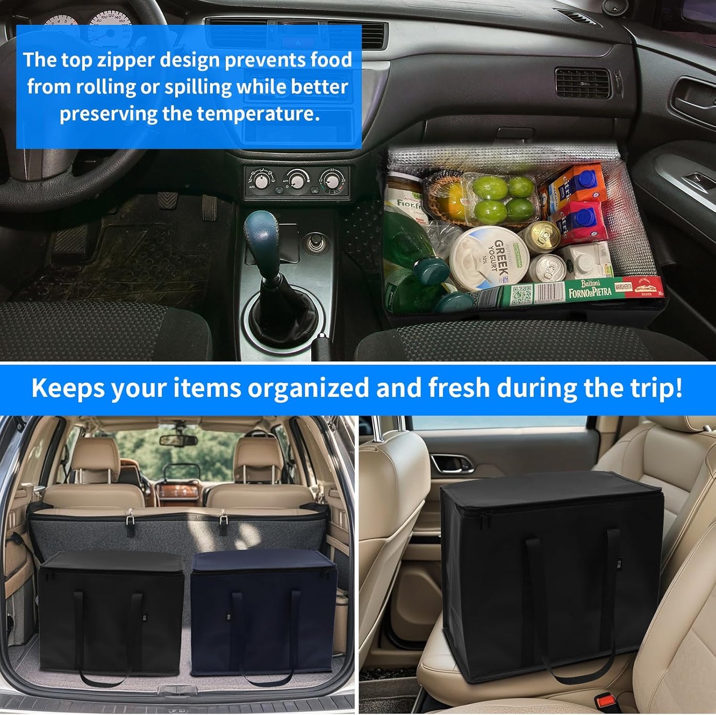 2-Pack Cold Storage Food Bag, Insulated Grocery Bags for Delivery, Heavy Duty Reusable Bags with Zippered Top, Foldable and Durable for Frozen Foods and Shopping Black