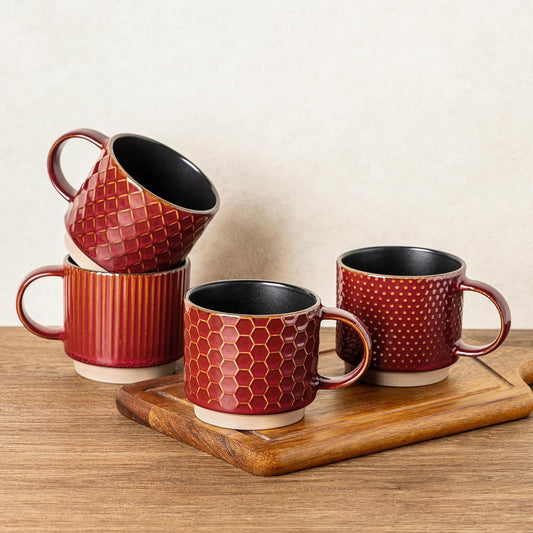 GBHOME 12 OZ Stackable Coffee Mugs, Ceramic Coffee Cups with Texture Patterns for Man,Woman,Dad,Mom, Modern Coffee Mugs Set of 4 for Latte/Cappuccino/Cocoa. Dishwasher&Microwave Safe, Red