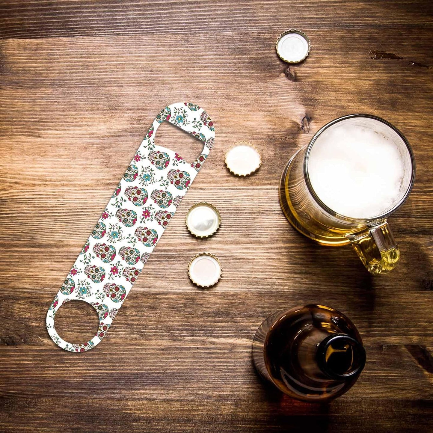 Sugar Skull Stainless Steel Bottle Opener Floral Skeleton Leaf and Flowers Mexico Day of The Dead Halloween Flat Beer Bottle Opener Keychain for Home Kitchen Bar Restaurant Party Birthday Gift