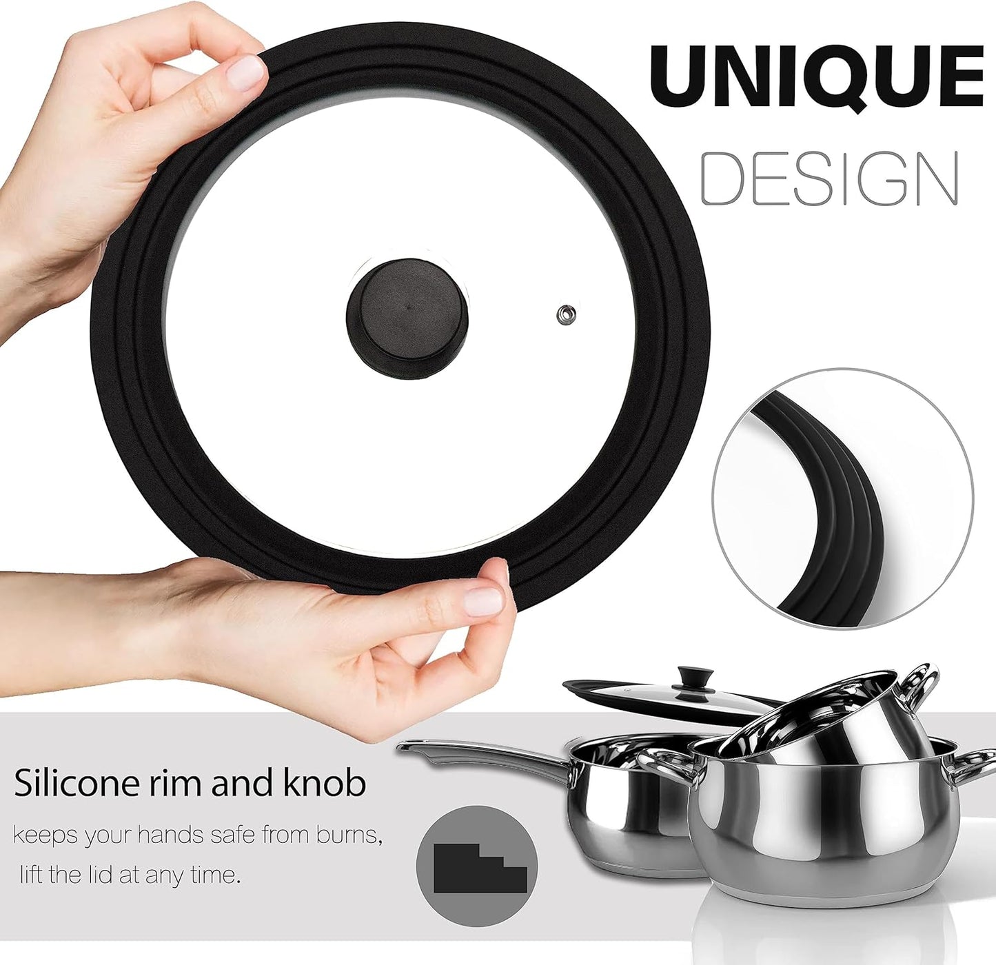 Tempered Glass Lid - Universal Lid with Heat Resistant Silicone Rim for Pots, Pans and Skillets - Pan Cover Replacement Lid Fits 10", 11" and 12" Diameter Cookware