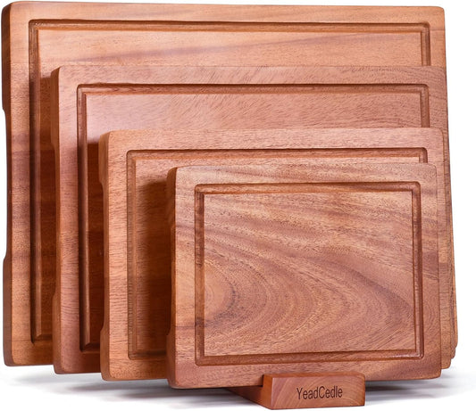 Wooden Cutting Board Set of 4 with Holder Non Toxic Solid Sapele Wood Chopping Boards for Kitchen with Juice Grooves Thick Large Cutting Board (9x7 to 16x12 In) for Meat Vegetables Cheese （Brown）